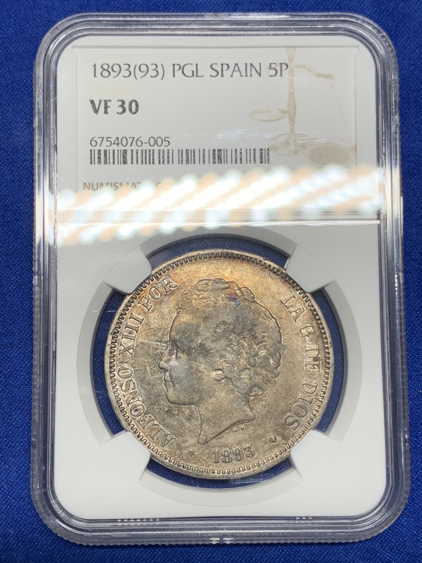 《竞宝斋》第196场-周日，周一 2场 (全场包邮) NGC-VF30 西班牙1893年 阿方索十三世 5比塞塔爆炸头 双柱大银币