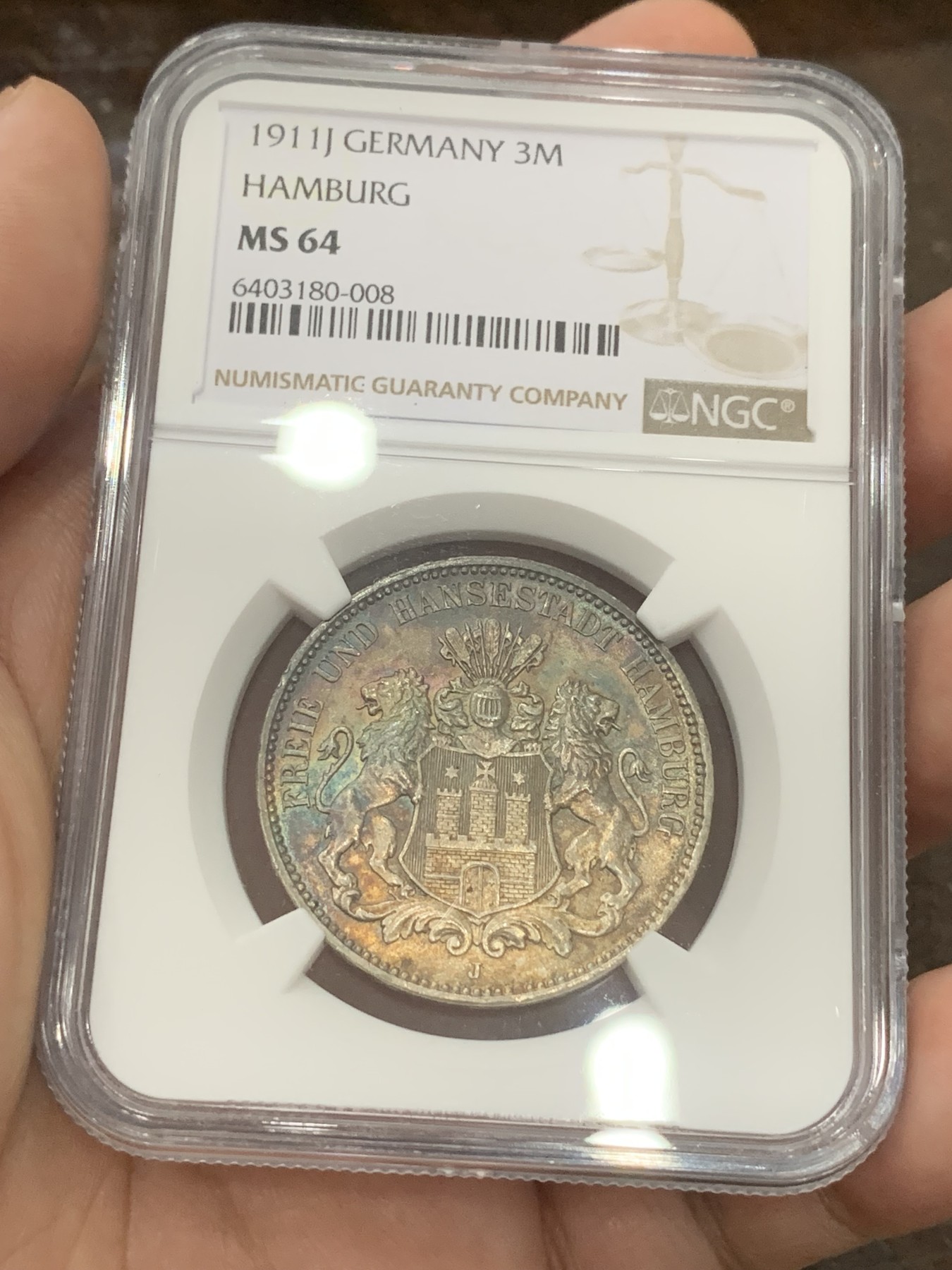 《竞宝斋》第196场-周日，周一 2场 (全场包邮) NGC MS64 德国1911年汉堡自由市3马克银币，双面炫彩包浆，不是大白币可以比的。