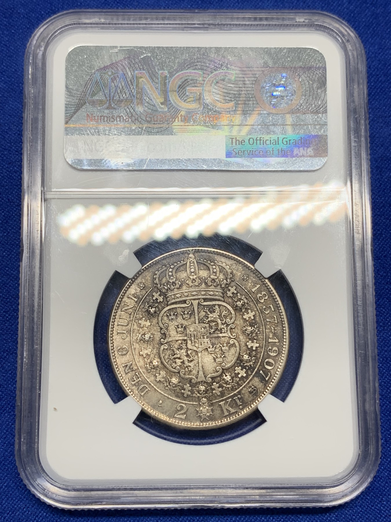 《竞宝斋》第196场-周日，周一 2场 (全场包邮) NGC-MS63 瑞典 1907年 国王金婚 2克朗 银币