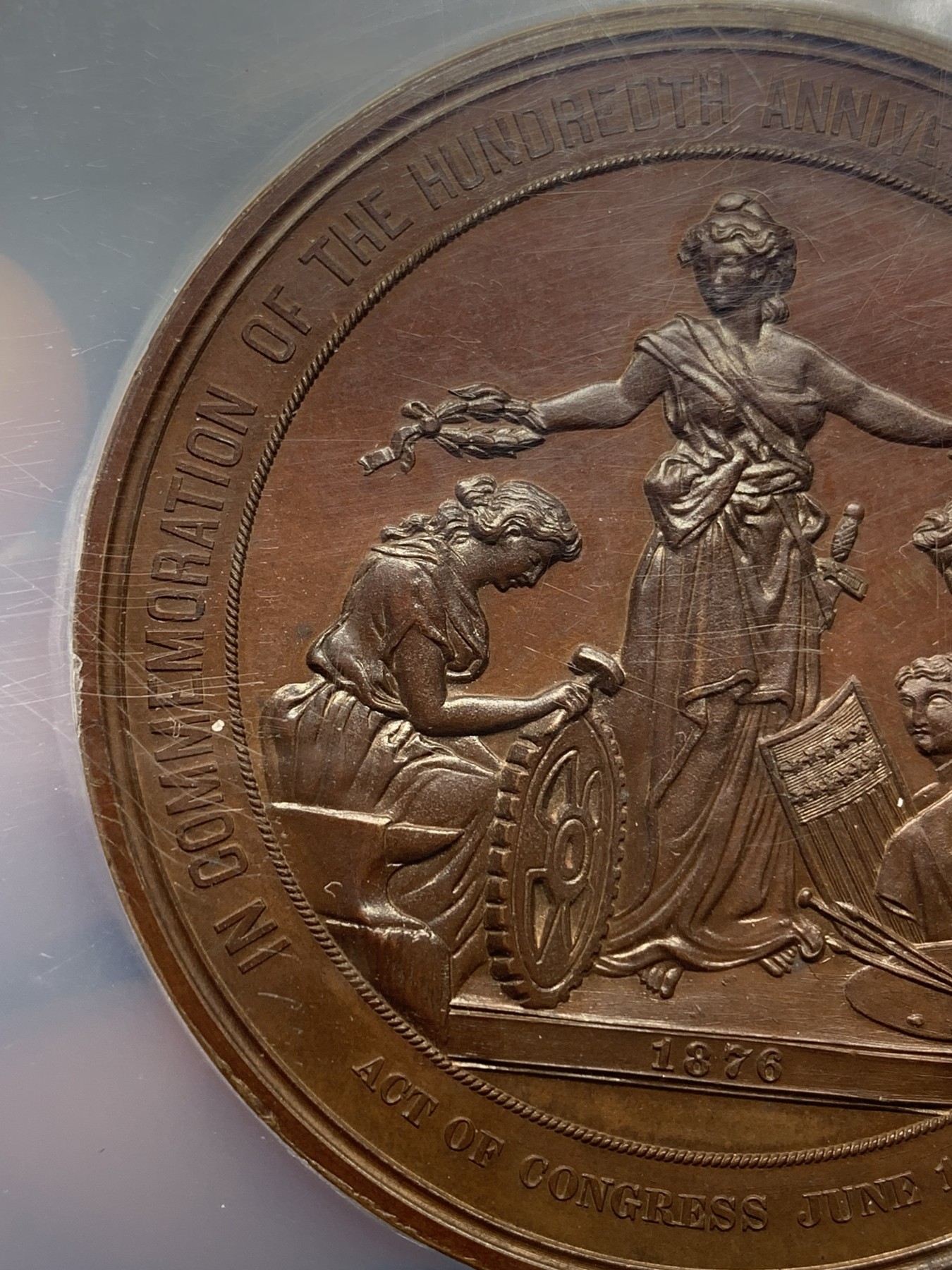 《竞宝斋》第196场-周日，周一 2场 (全场包邮) NGC MS-64 美国1876年建国百年纪念大铜章 58mm