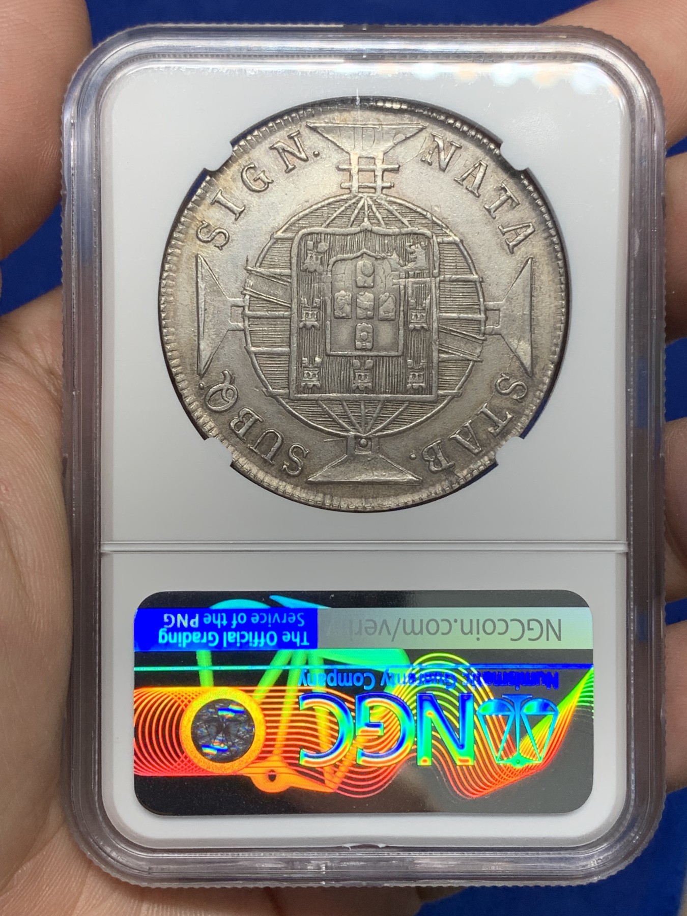 《竞宝斋》第196场-周日，周一 2场 (全场包邮) NGC-AUD 葡属巴西1818年960瑞斯银币 双柱加盖 原味深打严评未出分