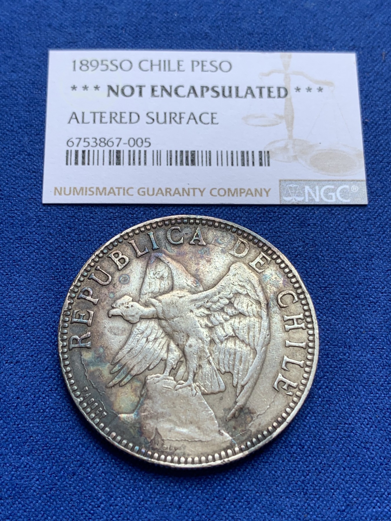 《竞宝斋》第196场-周日，周一 2场 (全场包邮) 1895年智利秃鹫1比索银币 改版后的首年版 有奥斯卡·罗蒂大师署名 被ngc判改变外表