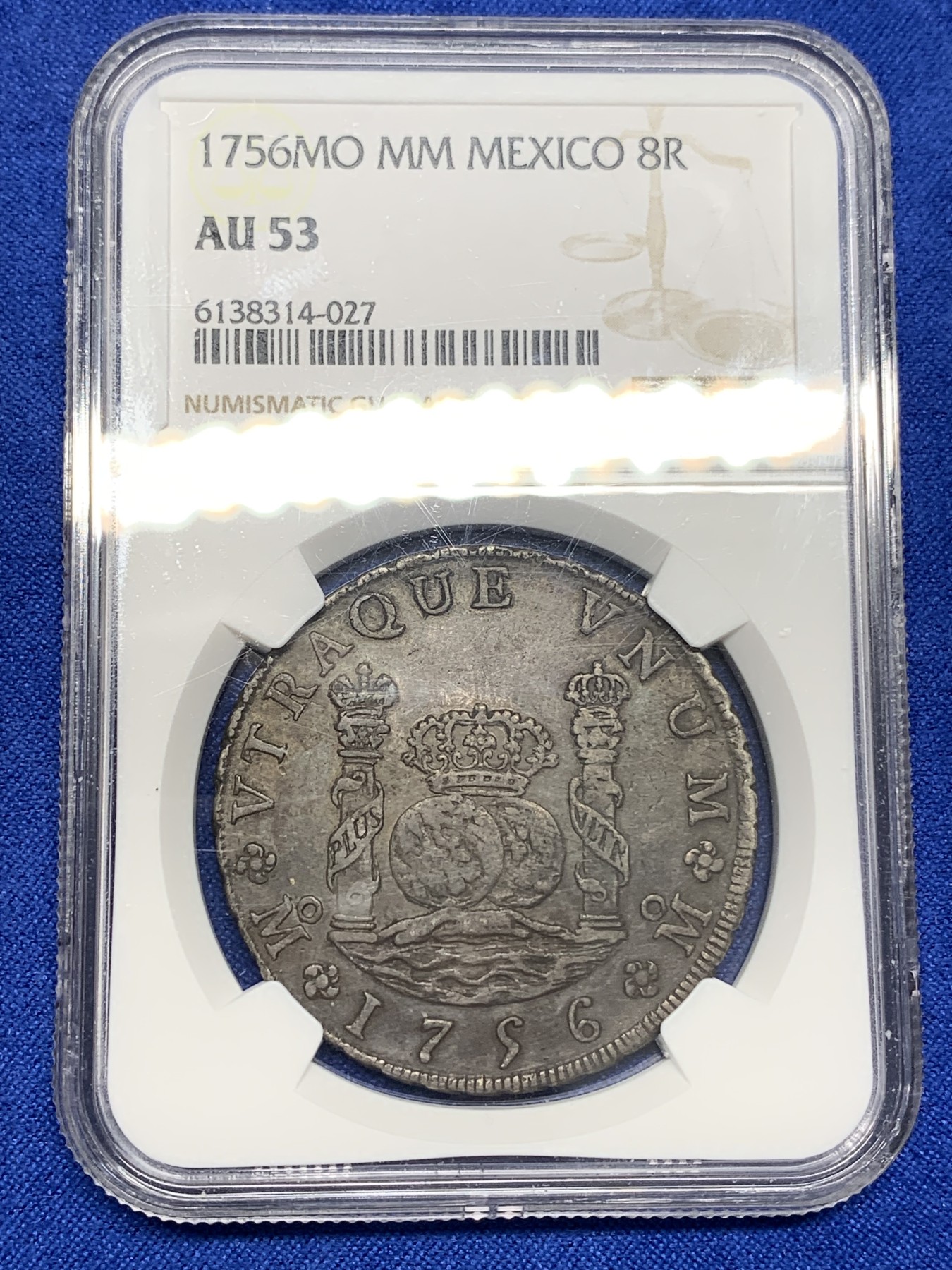 《竞宝斋》第196场-周日，周一 2场 (全场包邮) NGC-AU53 西属墨西哥1756年费六地球双柱银币 中期地球好品少见 全黑包浆的地球双柱更是少见！