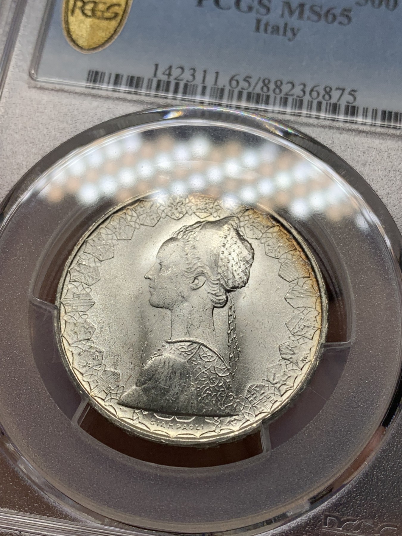 《竞宝斋》第196场-周日，周一 2场 (全场包邮) PCGS-MS65 意大利1966R帆船少女500里拉银币