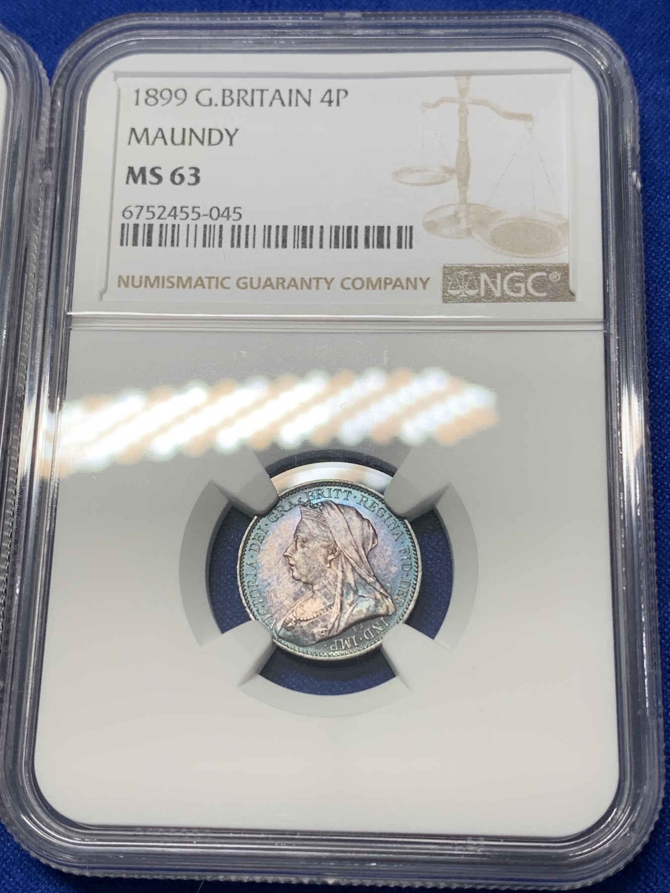 《竞宝斋》第196场-周日，周一 2场 (全场包邮) 4枚一组 NGC 92-66 英国1899年维多利亚濯足币1-4便士套币 原盒套拆 统一蓝紫包浆