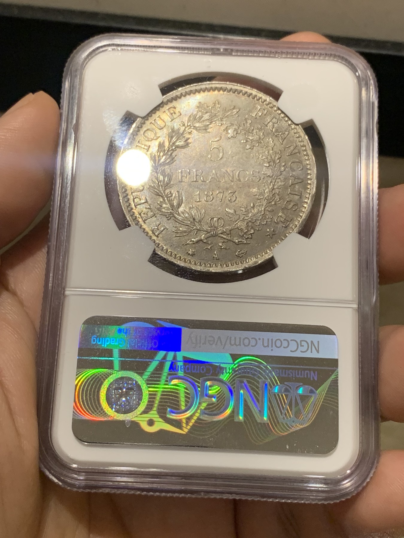 《竞宝斋》第196场-周日，周一 2场 (全场包邮) NGC-MS63 法国1873年大力神5法郎银币 原味深彩