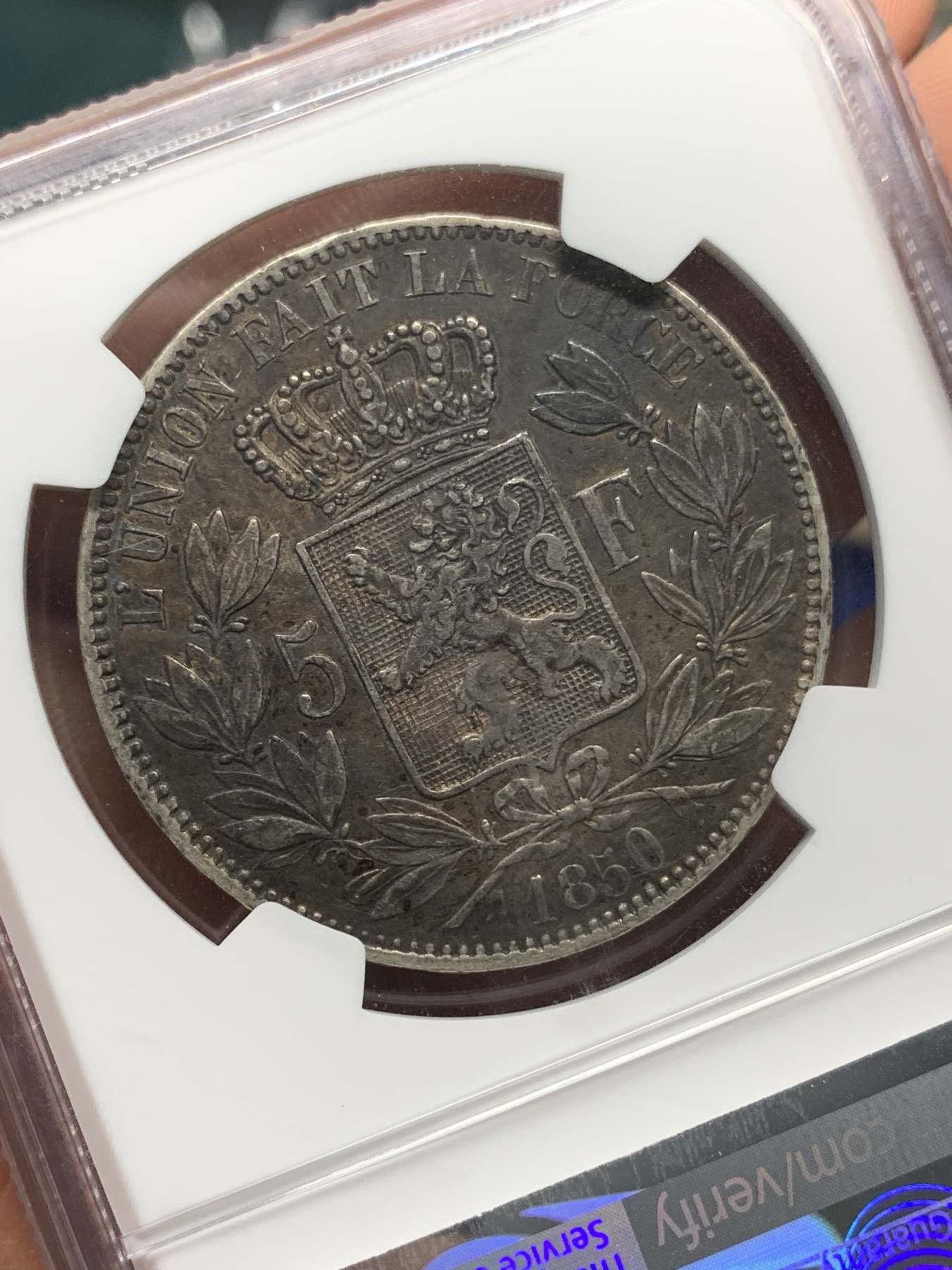 《竞宝斋》第196场-周日，周一 2场 (全场包邮) NGC-AU 50 比利时 5法郎银币 利奥波德一世 1850 无点版 稀少版别 两面酱彩 漂亮