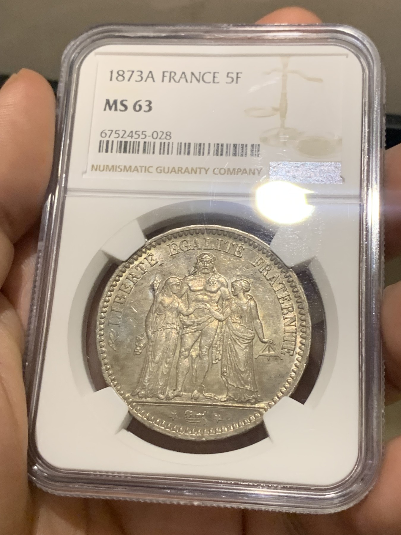 《竞宝斋》第196场-周日，周一 2场 (全场包邮) NGC-MS63 法国1873年大力神5法郎银币 原味深彩