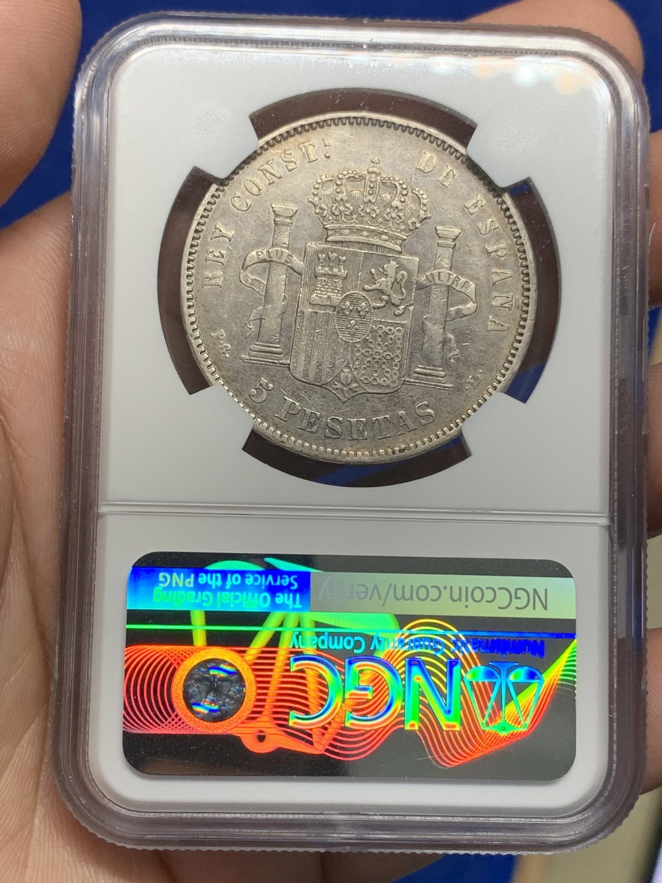 《竞宝斋》第196场-周日，周一 2场 (全场包邮) NGC-VF30 西班牙1893年 阿方索十三世 5比塞塔爆炸头 双柱大银币