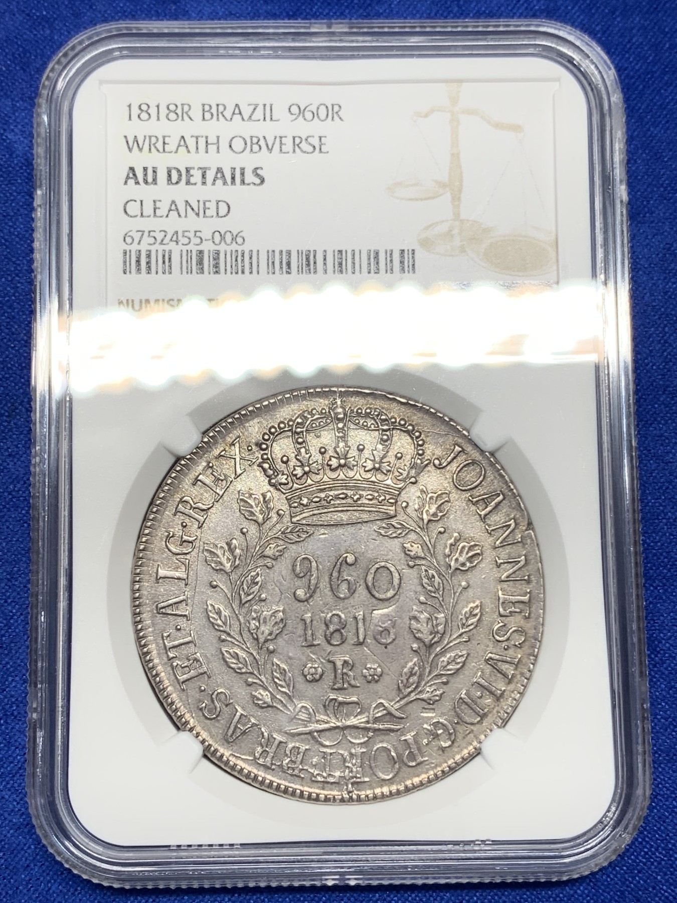 《竞宝斋》第196场-周日，周一 2场 (全场包邮) NGC-AUD 葡属巴西1818年960瑞斯银币 双柱加盖 原味深打严评未出分