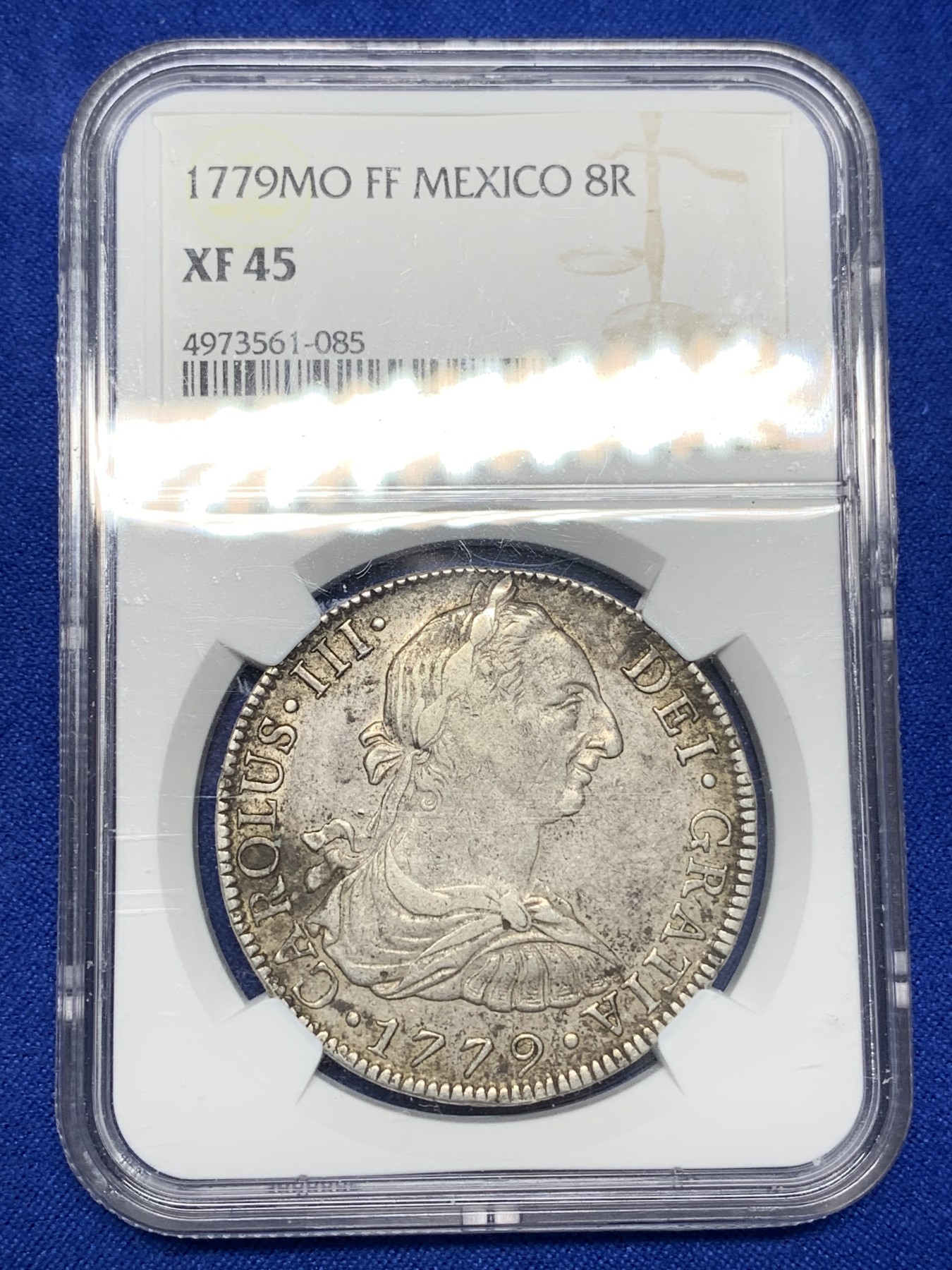 《竞宝斋》第196场-周日，周一 2场 (全场包邮) NGC-XF45 西属墨西哥1779年卡三双柱银币 原味包浆 状态温润