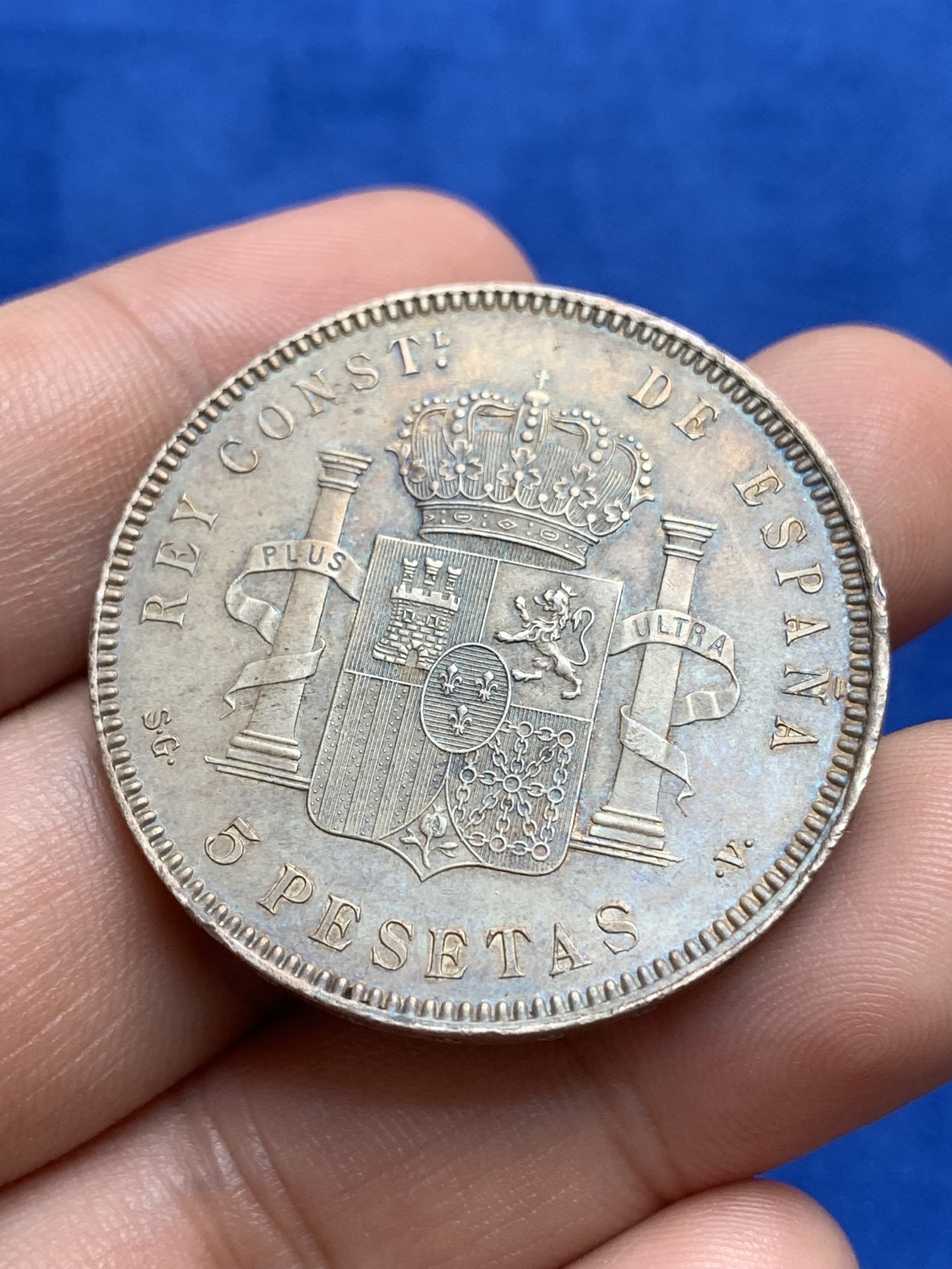 《竞宝斋》第196场-周日，周一 2场 (全场包邮) 1899 阿方索十三世5比塞塔，UNC细节裸币