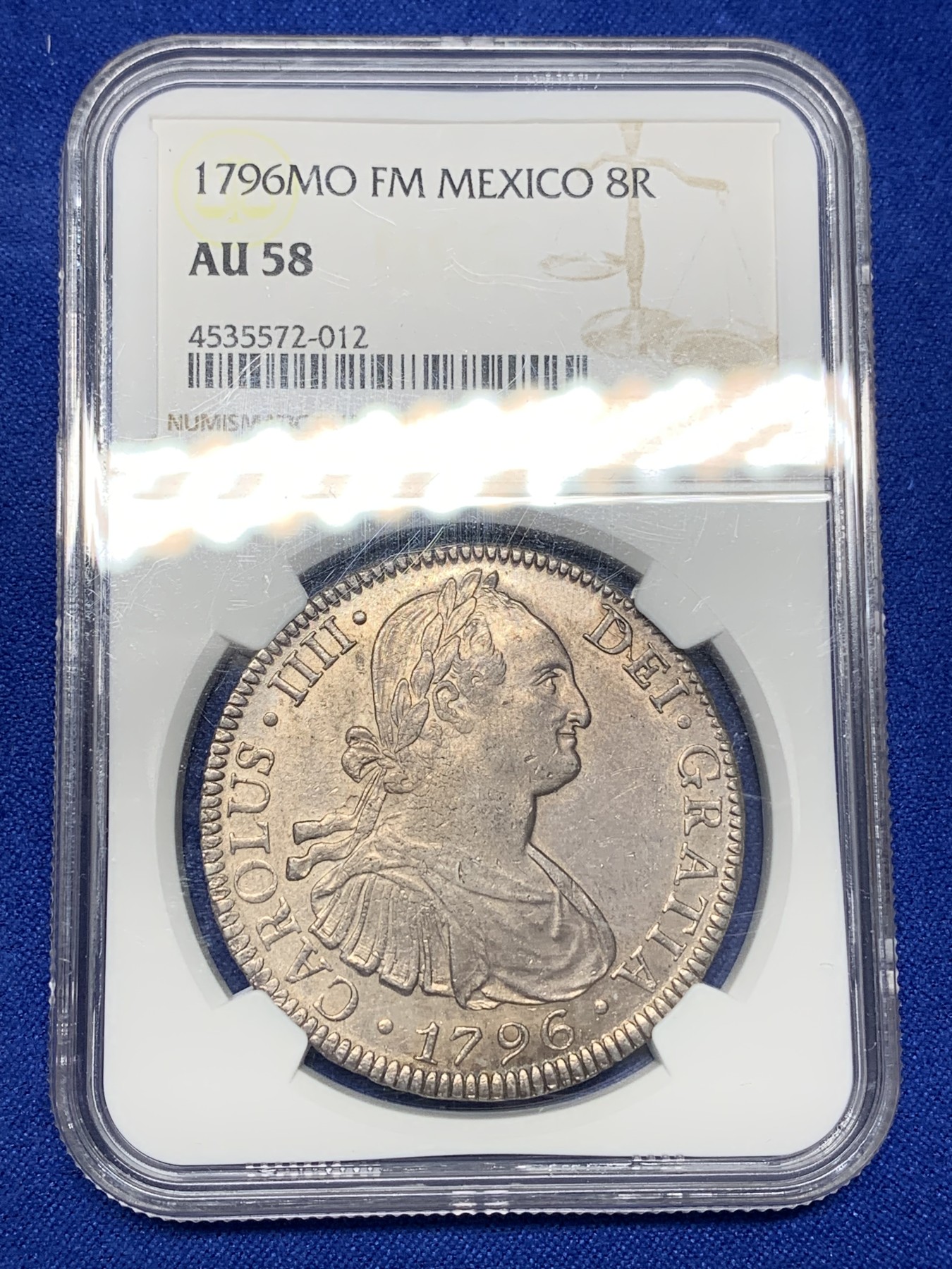 《竞宝斋》第196场-周日，周一 2场 (全场包邮) NGC-AU58 西属墨西哥1796年卡四双柱银币 早期年份打制好的不多见 很漂亮的一枚双柱