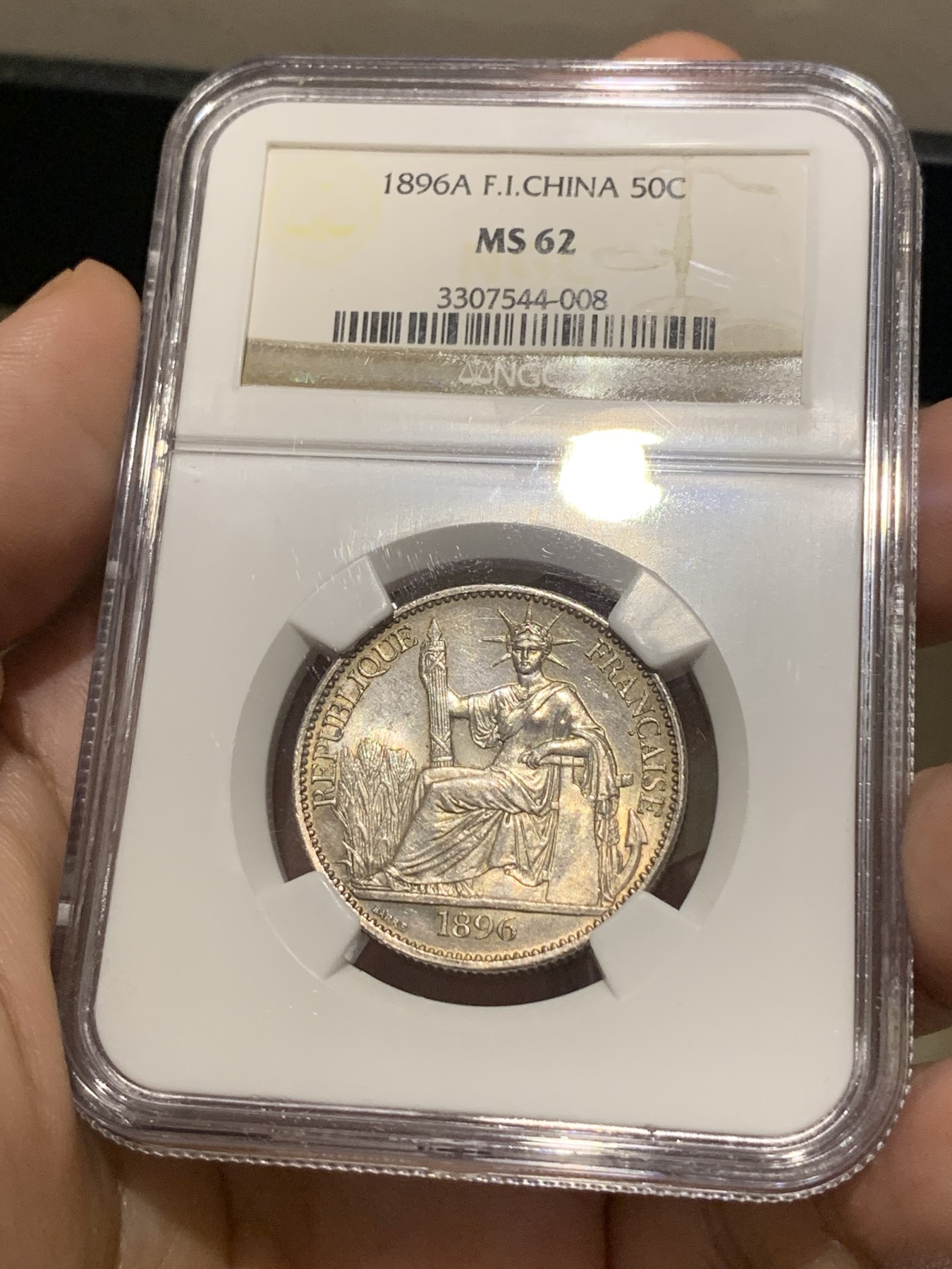 《竞宝斋》第196场-周日，周一 2场 (全场包邮) NGC MS62 法属印支1896年50分银币 稀少好品