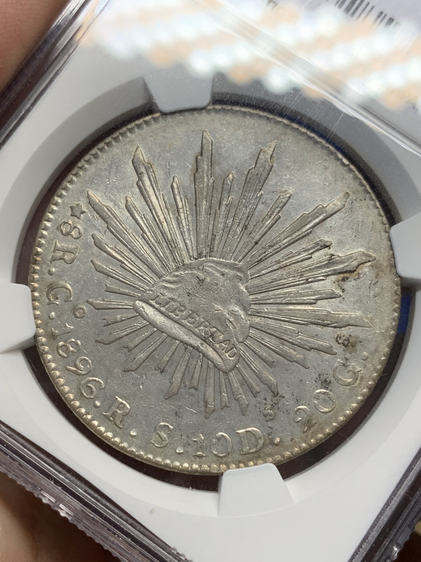 《竞宝斋》第196场-周日，周一 2场 (全场包邮) NGC-AU 53 墨西哥1896 GO RS鹰洋 8瑞尔银币  深打 状态好