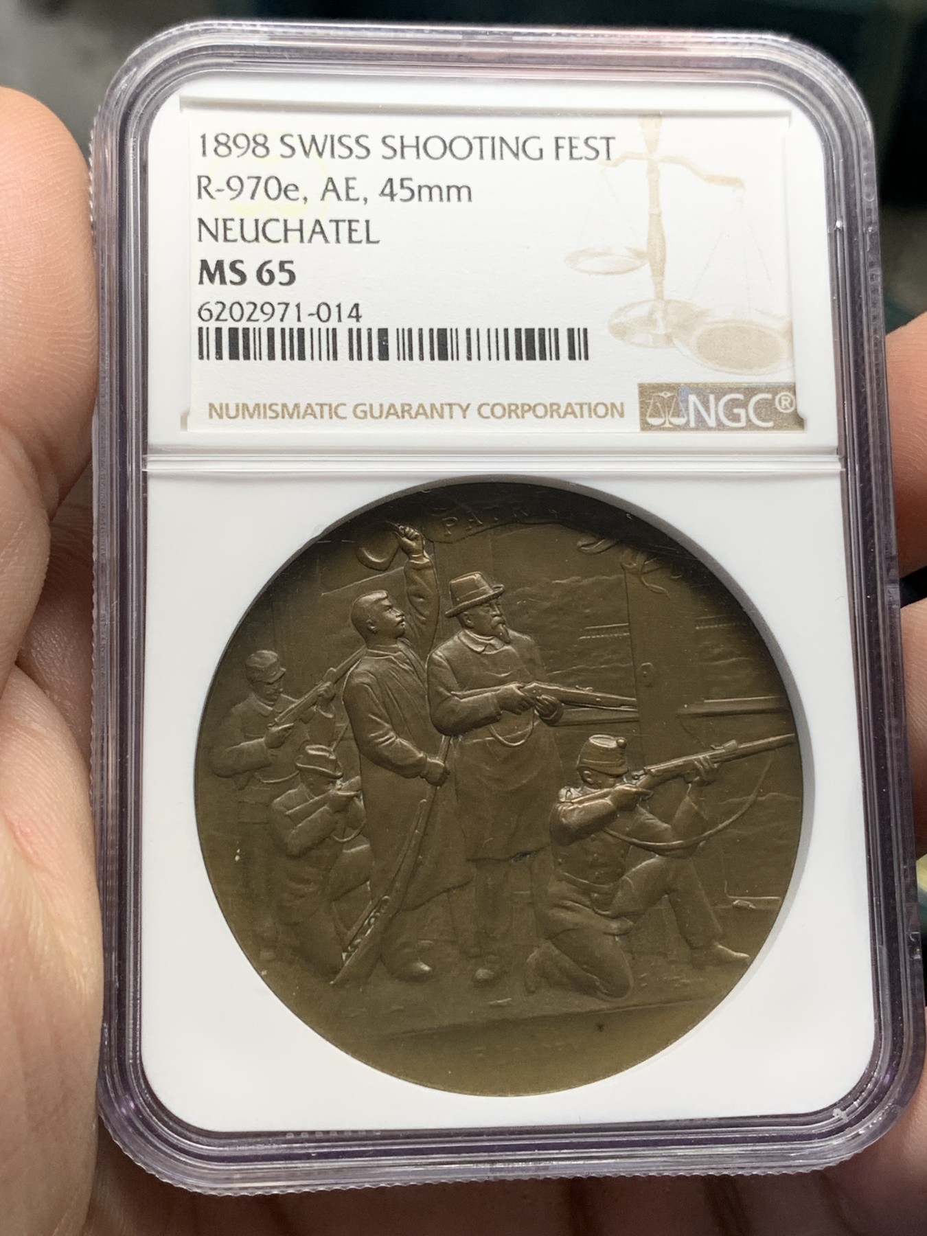 《竞宝斋》第196场-周日，周一 2场 (全场包邮) NGC MS65 瑞士纳沙泰尔射击节铜章 高分难得 加厚盒装