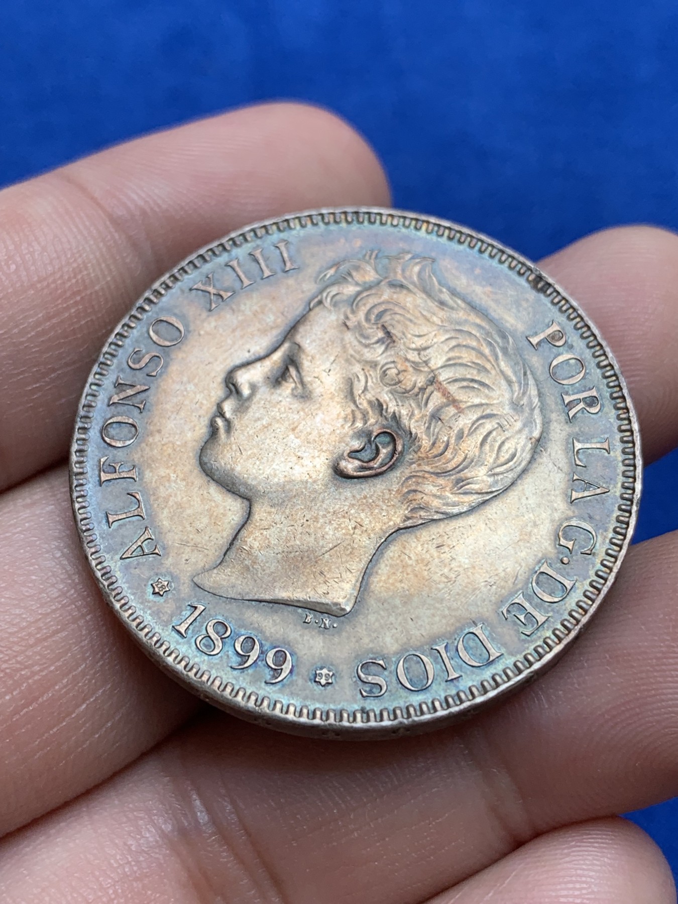 《竞宝斋》第196场-周日，周一 2场 (全场包邮) 1899 阿方索十三世5比塞塔，UNC细节裸币