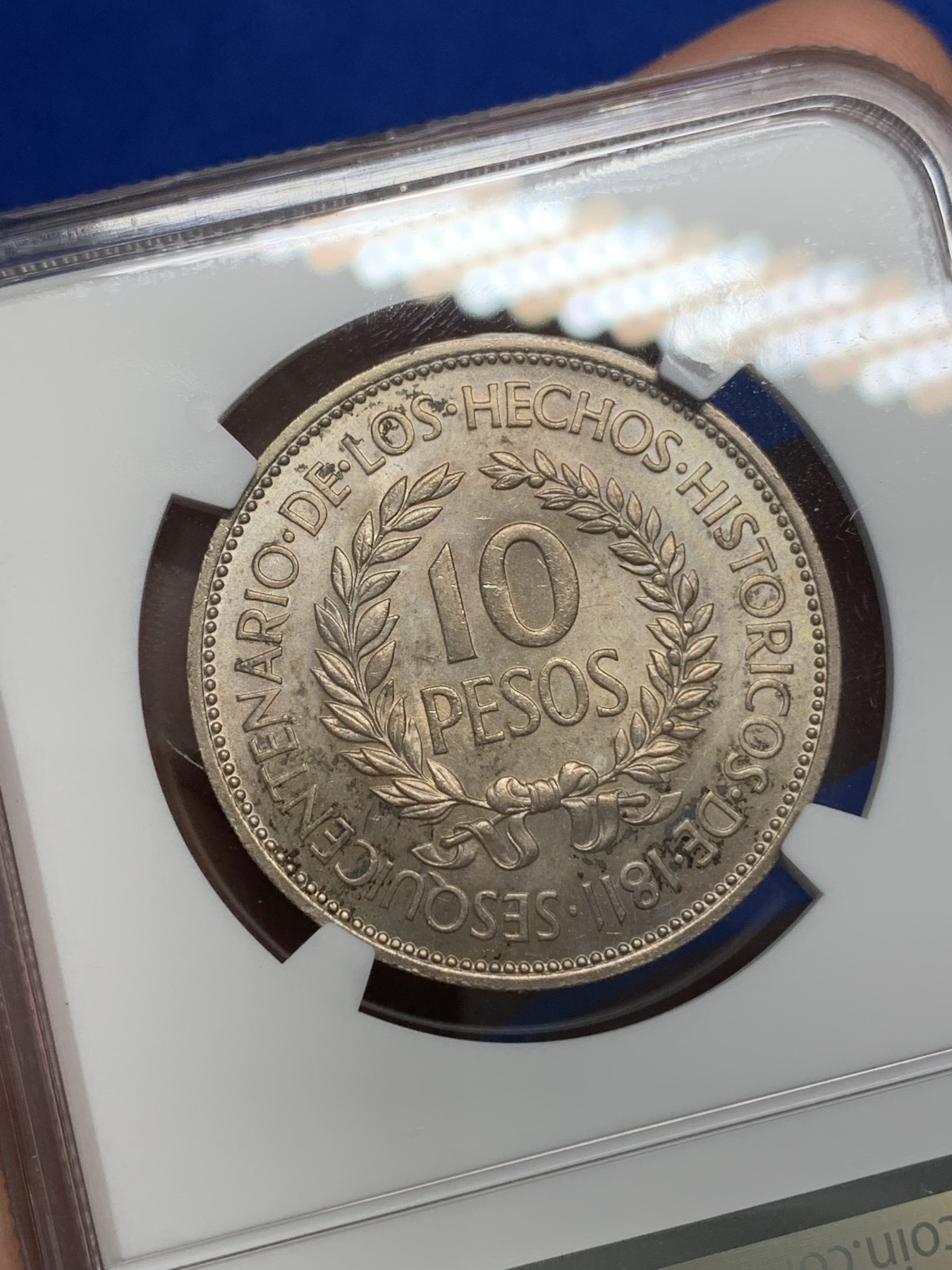 《竞宝斋》第196场-周日，周一 2场 (全场包邮) NGC MS64 乌拉圭1961年10比索银币 状态极好