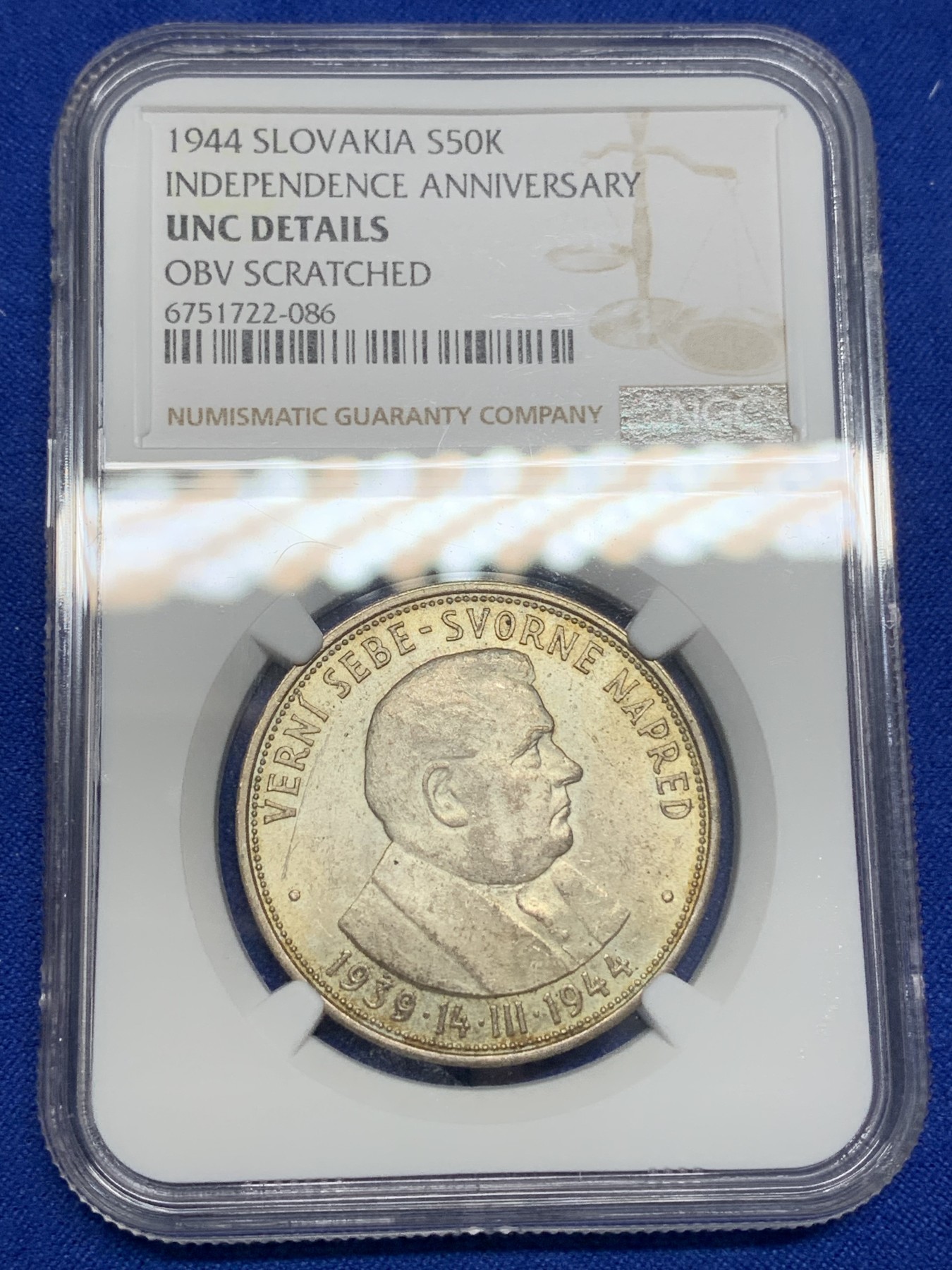 《竞宝斋》第196场-周日，周一 2场 (全场包邮) NGC UNC 1944年斯洛伐克独立成立5周年50kunro银币