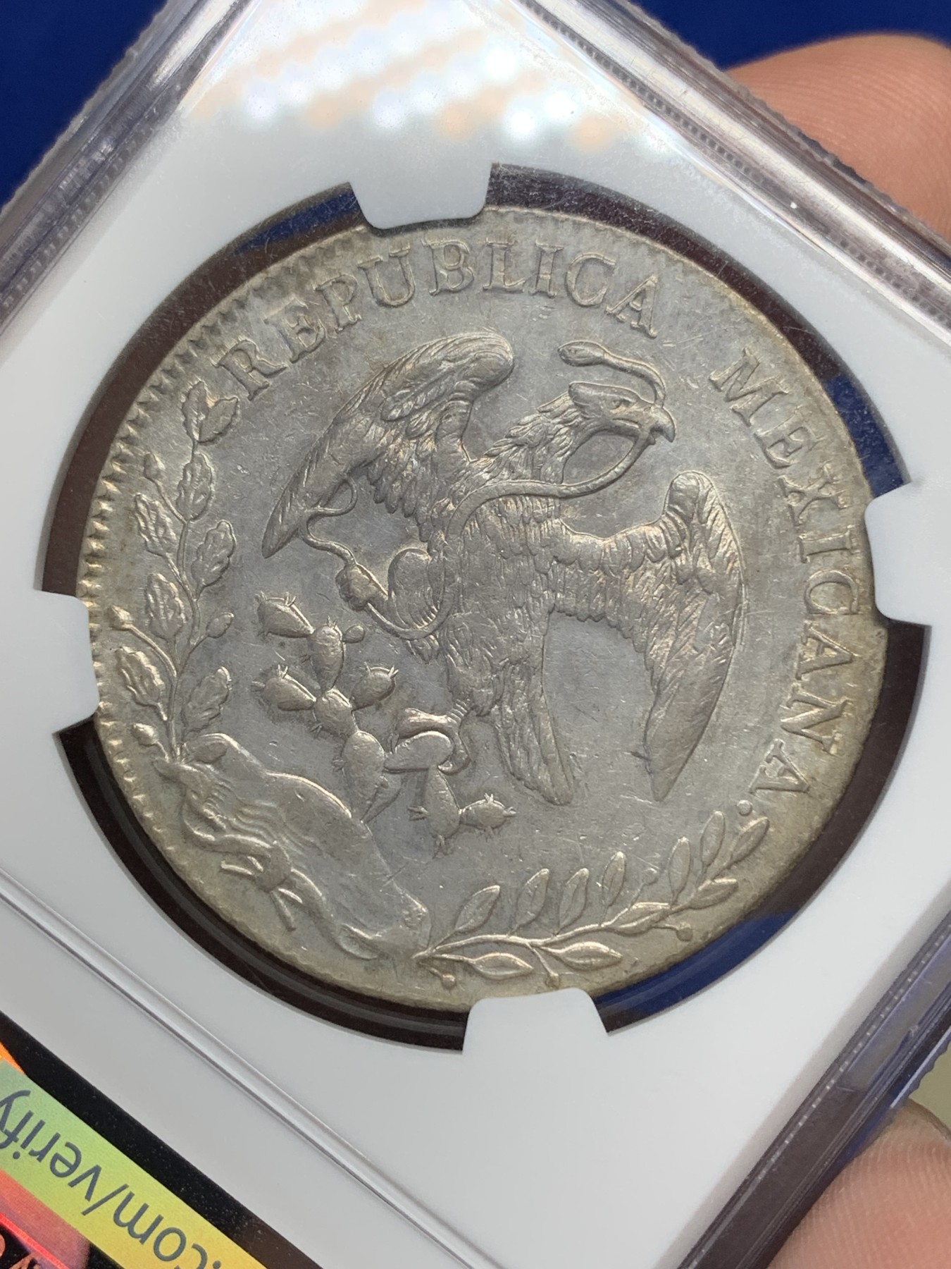 《竞宝斋》第196场-周日，周一 2场 (全场包邮) NGC-AU 53 墨西哥1896 GO RS鹰洋 8瑞尔银币  深打 状态好