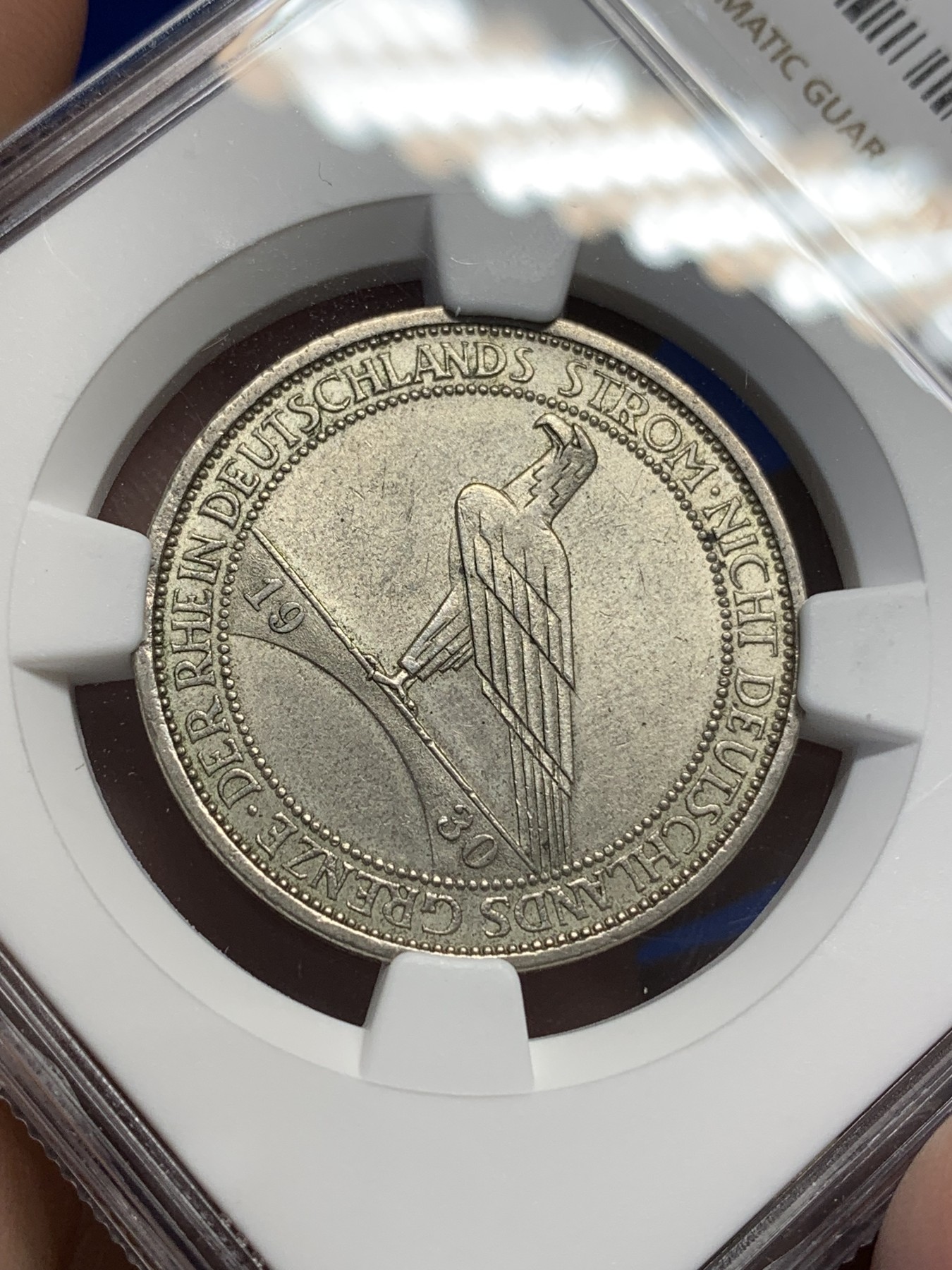 《竞宝斋》第196场-周日，周一 2场 (全场包邮) NGC UNC 1930年德国莱因兰鹰桥3马克银币