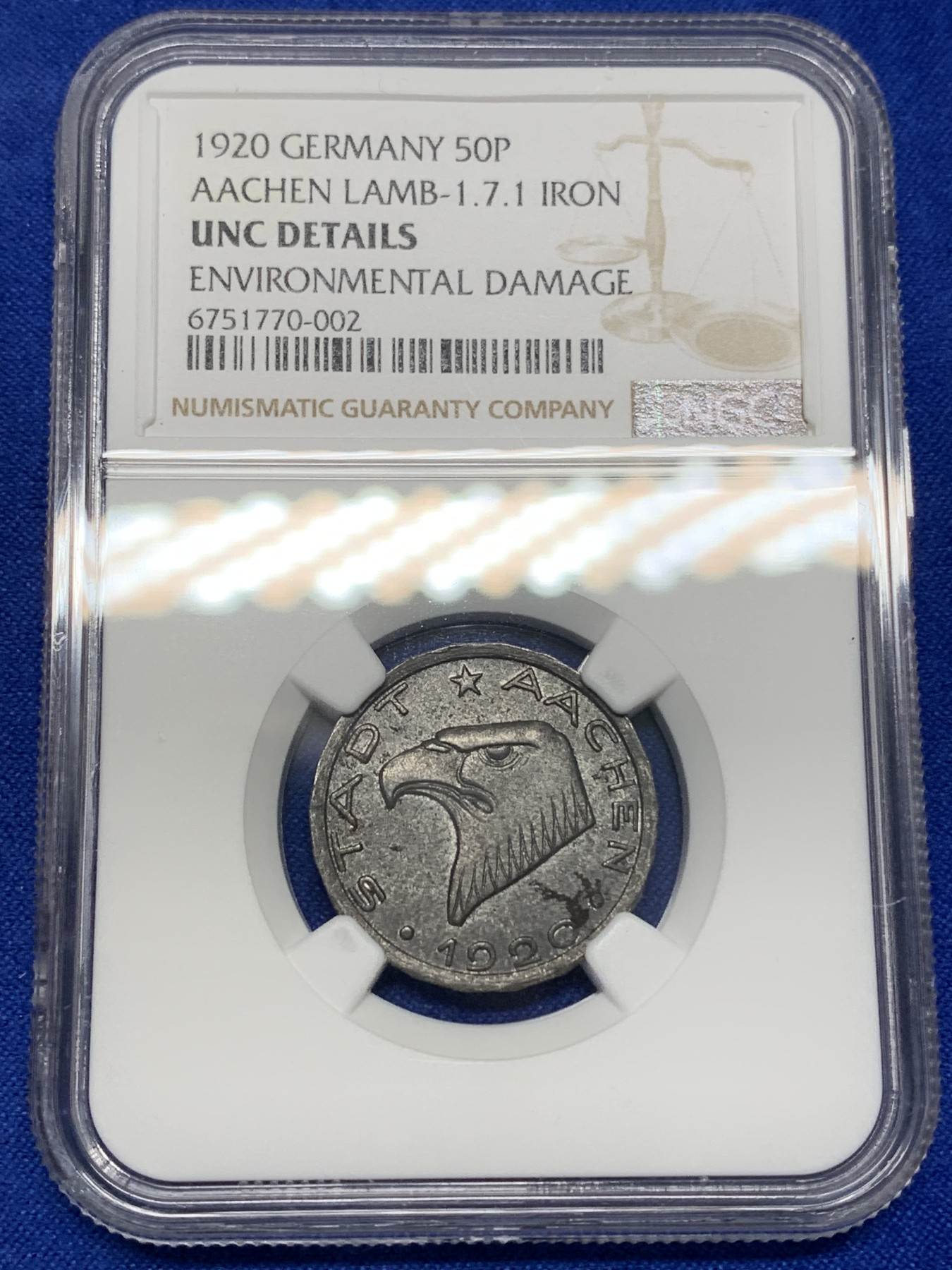 《竞宝斋》第196场-周日，周一 2场 (全场包邮) NGC UNC 德国1920亚琛经典鹰头50p铁币