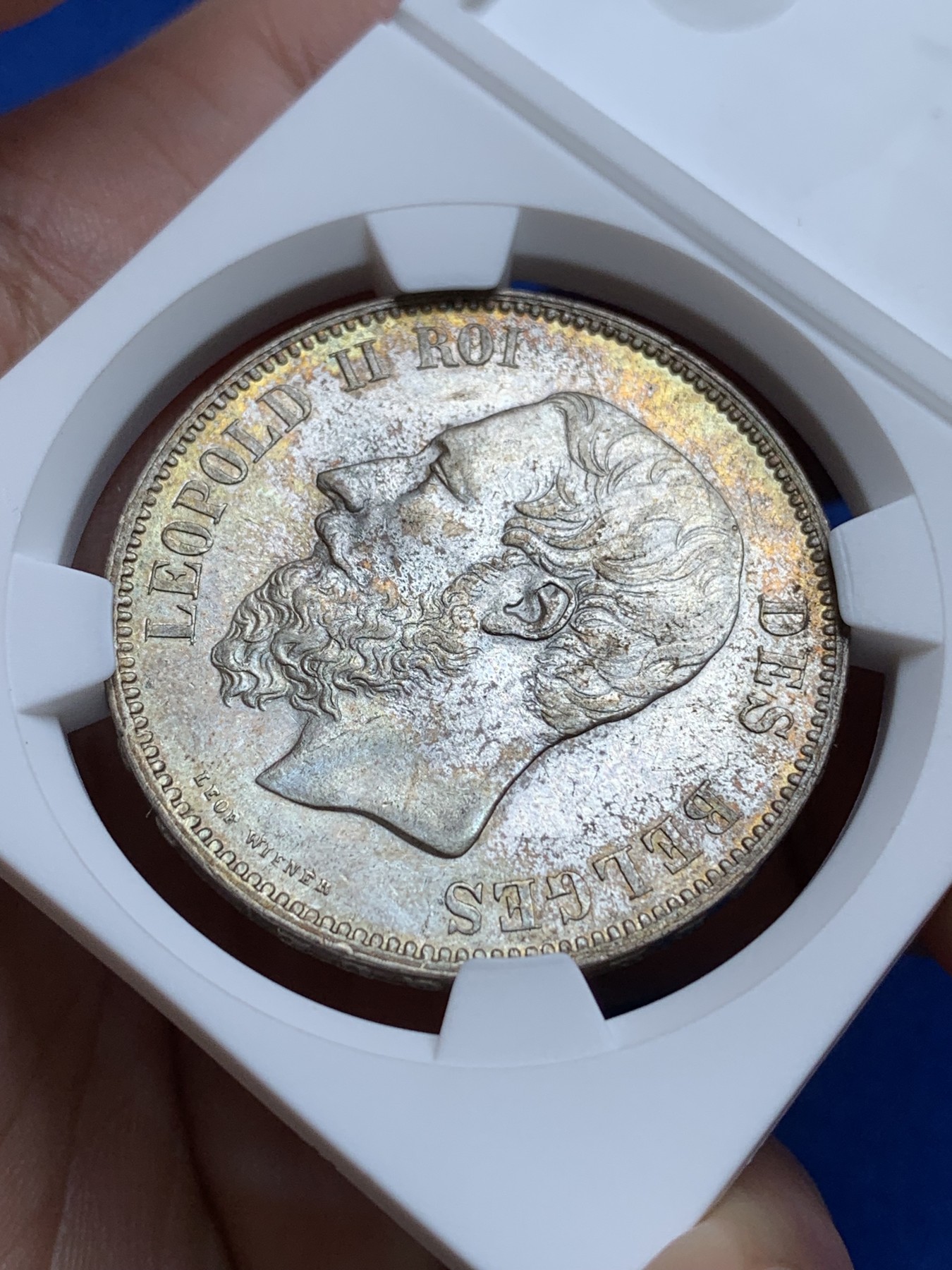 《竞宝斋》第196场-周日，周一 2场 (全场包邮) 比利时 1873年 5法郎 银币 UNC 黄油彩