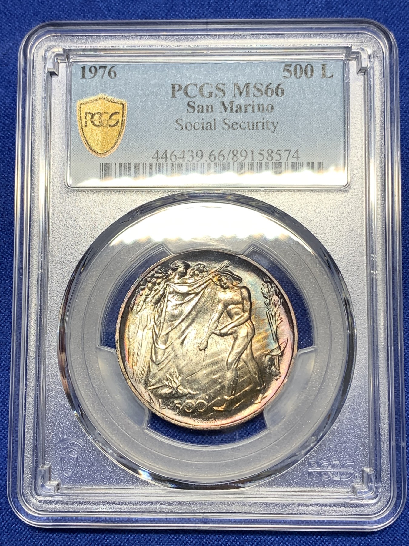 《竞宝斋》第196场-周日，周一 2场 (全场包邮) PCGS-MS66 圣马力诺1976年播种城堡500里拉银币 五彩好品