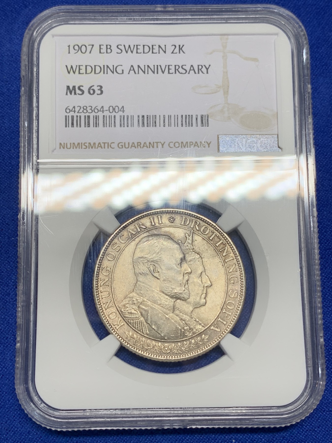 《竞宝斋》第196场-周日，周一 2场 (全场包邮) NGC-MS63 瑞典 1907年 国王金婚 2克朗 银币