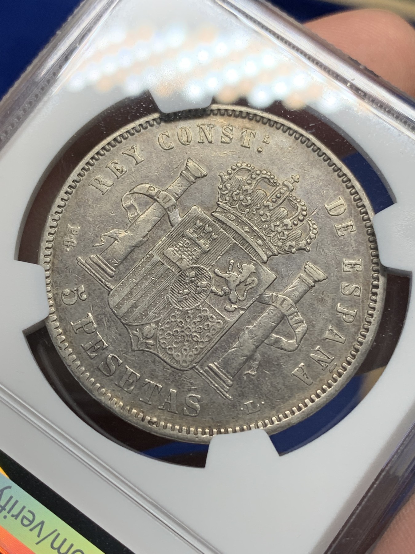 《竞宝斋》第196场-周日，周一 2场 (全场包邮) NGC-VF30 西班牙1893年 阿方索十三世 5比塞塔爆炸头 双柱大银币