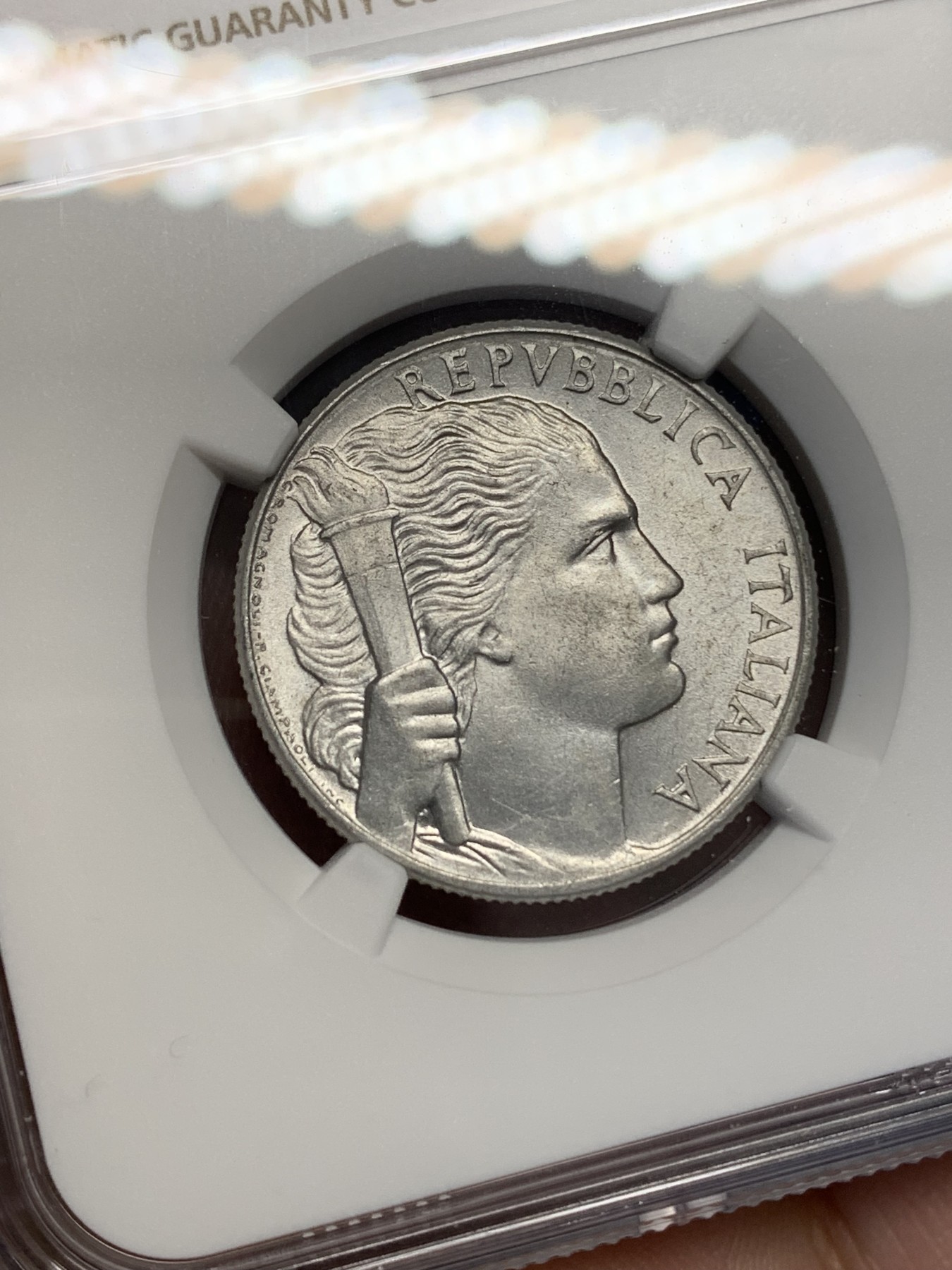 《竞宝斋》第196场-周日，周一 2场 (全场包邮) NGC MS63 意大利1950年5里拉 强光好品