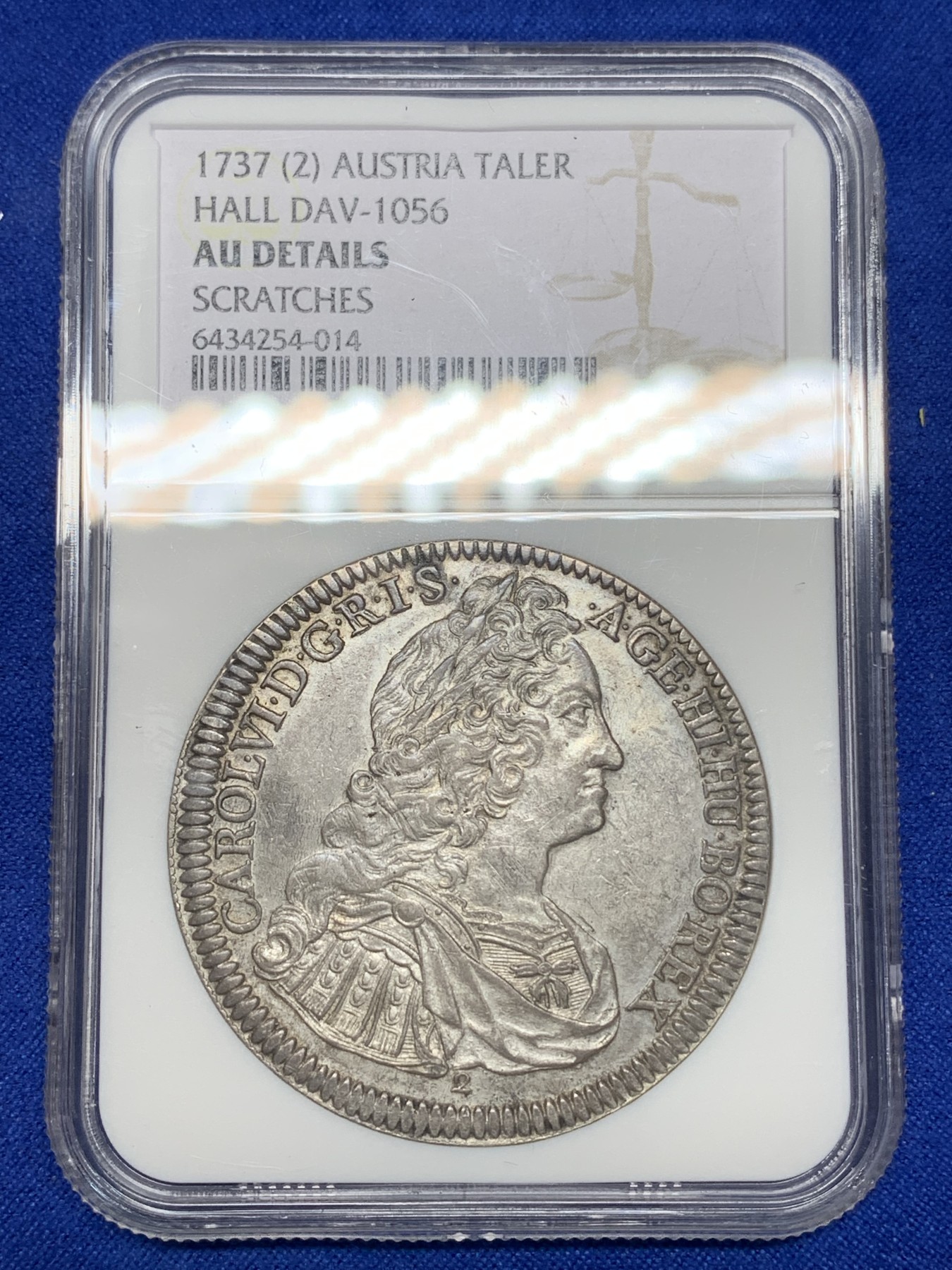 《竞宝斋》第196场-周日，周一 2场 (全场包邮) NGC-AUD 神圣罗马帝国 1737(2) 卡尔六世 1泰勒银币底板 原味包浆 状态不错