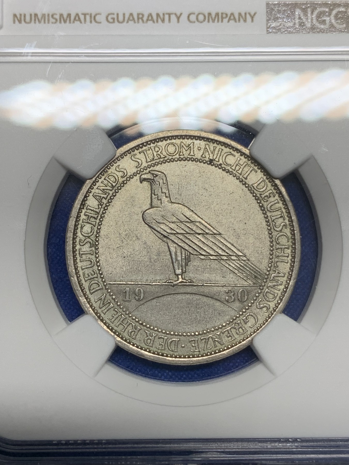 《竞宝斋》第196场-周日，周一 2场 (全场包邮) NGC UNC 1930年德国莱因兰鹰桥3马克银币