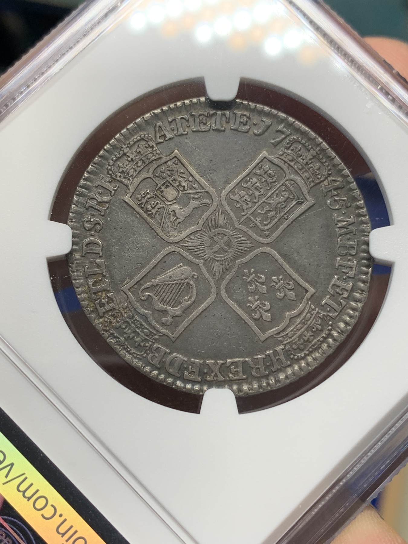 《竞宝斋》第196场-周日，周一 2场 (全场包邮) NGC-VF35 英国1745年乔治二世半克朗银币 LIMA版 原味黑包浆