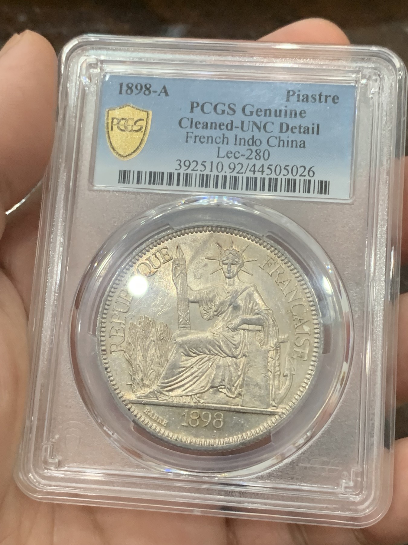 《竞宝斋》第196场-周日，周一 2场 (全场包邮) PCGS UNC 法属印支 1898年坐洋 底板半镜面效果