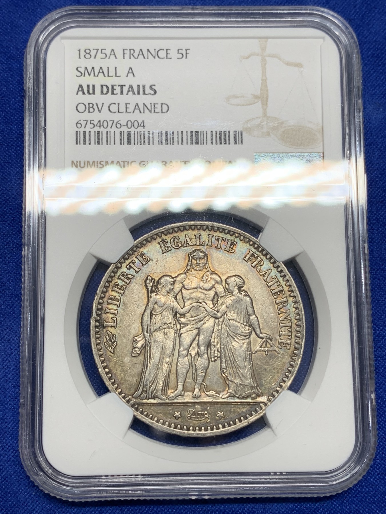 《竞宝斋》第196场-周日，周一 2场 (全场包邮) NGC AUD 法国1875年大力神5法郎银币 小A版 铸造量是1873年的1/10