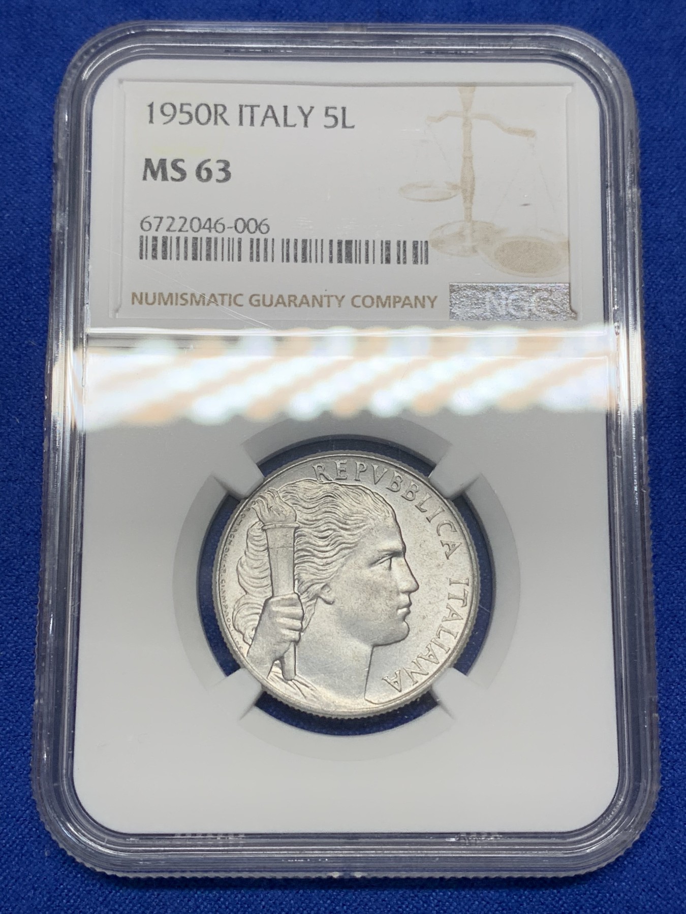 《竞宝斋》第196场-周日，周一 2场 (全场包邮) NGC MS63 意大利1950年5里拉 强光好品