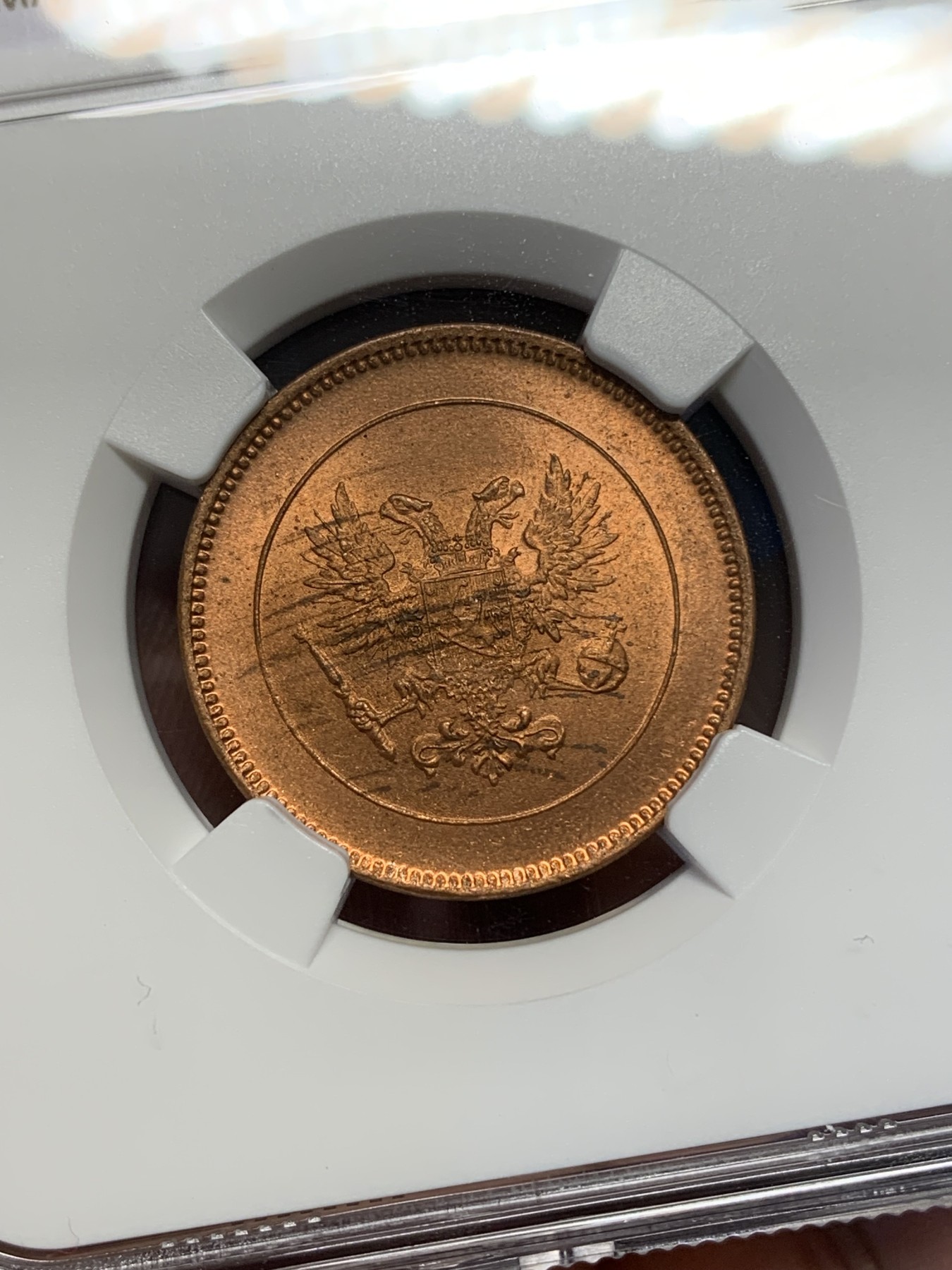 《竞宝斋》第196场-周日，周一 2场 (全场包邮) NGC MS62RB 俄占芬兰1917年克伦斯基临时政府5盆尼铜币