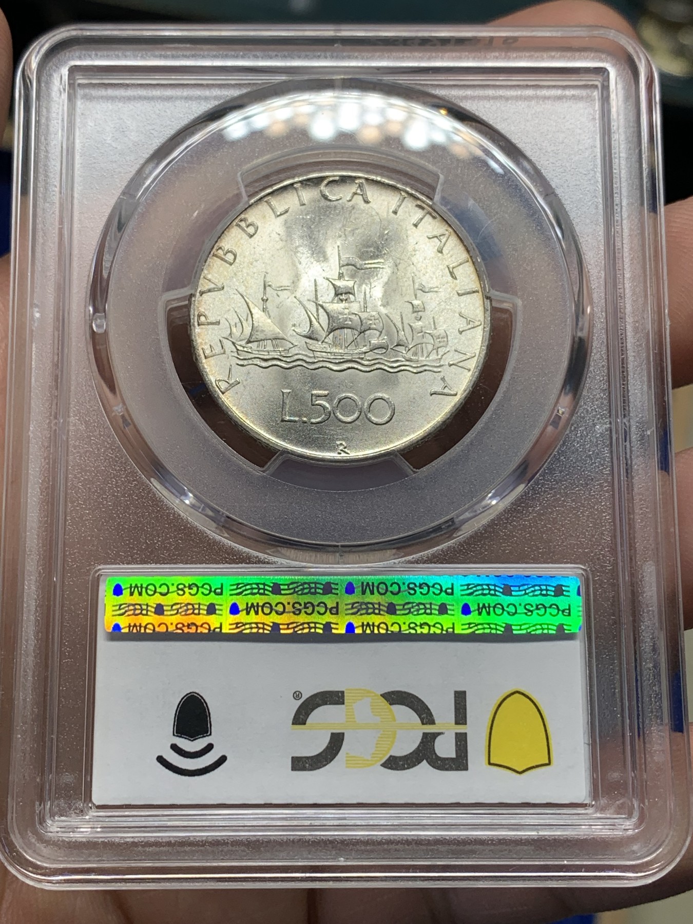 《竞宝斋》第196场-周日，周一 2场 (全场包邮) PCGS-MS65 意大利1966R帆船少女500里拉银币