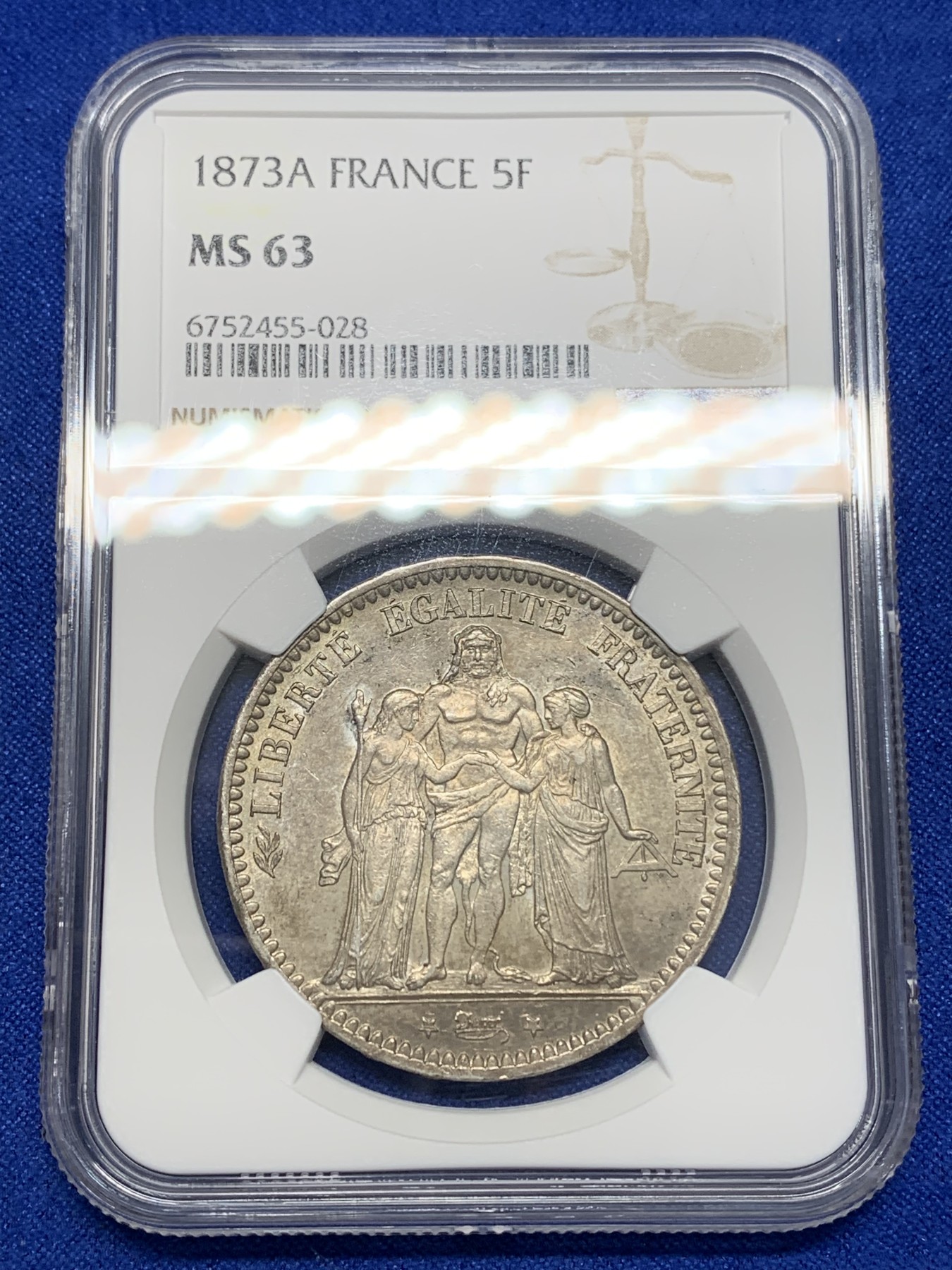 《竞宝斋》第196场-周日，周一 2场 (全场包邮) NGC-MS63 法国1873年大力神5法郎银币 原味深彩