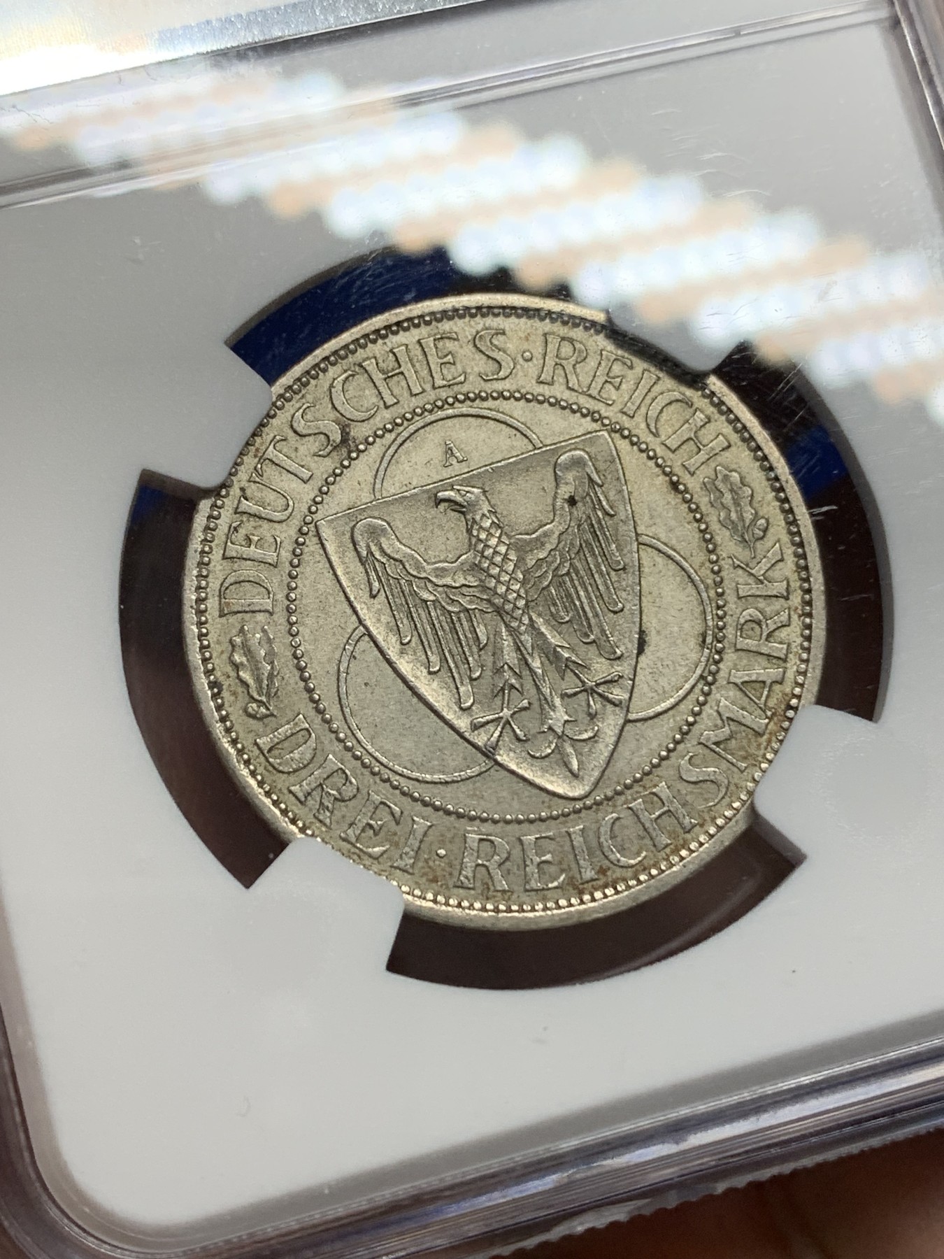 《竞宝斋》第196场-周日，周一 2场 (全场包邮) NGC UNC 1930年德国莱因兰鹰桥3马克银币