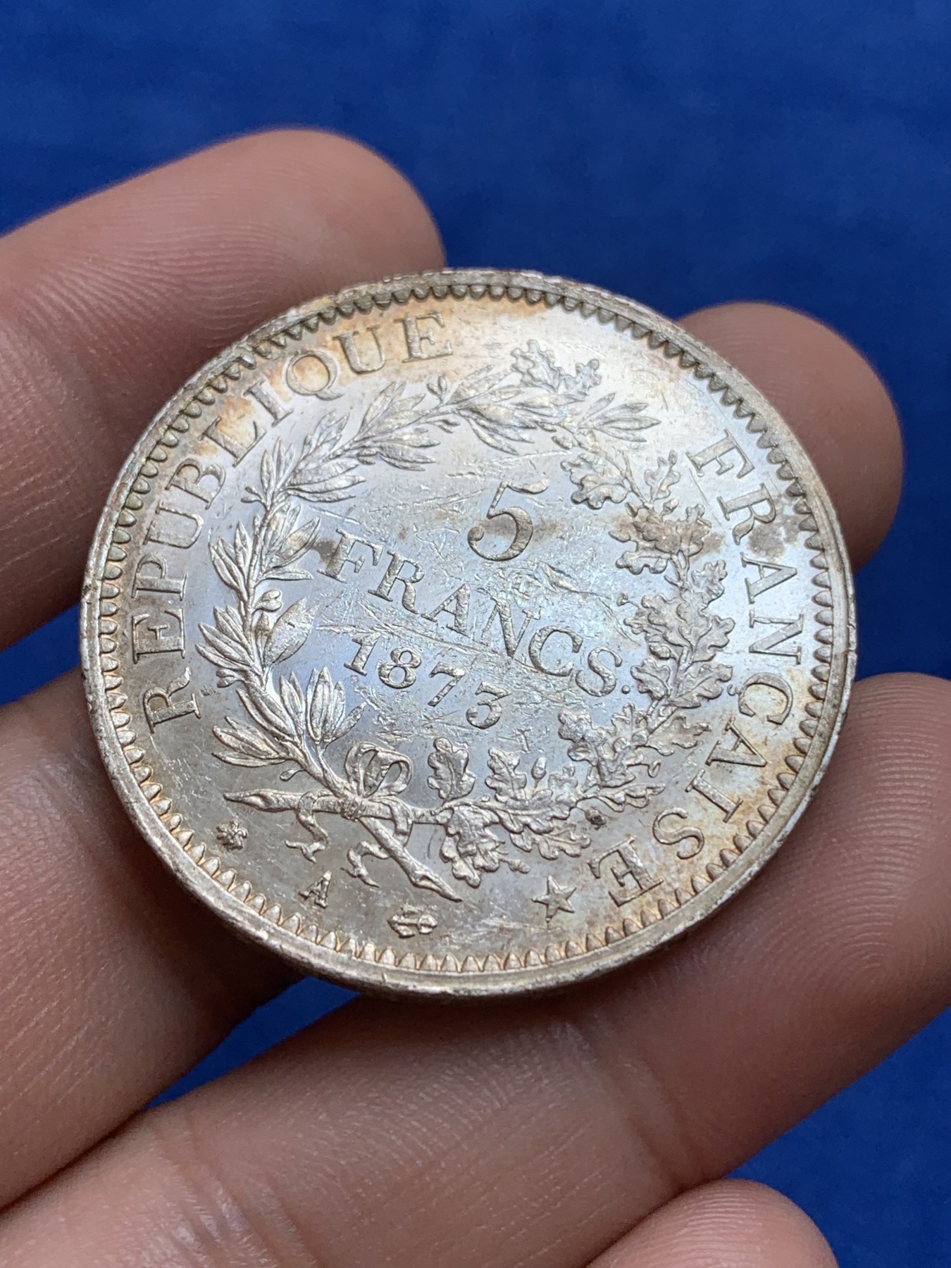 《竞宝斋》第196场-周日，周一 2场 (全场包邮) 1873法国大力神5法郎，包浆，光度很好