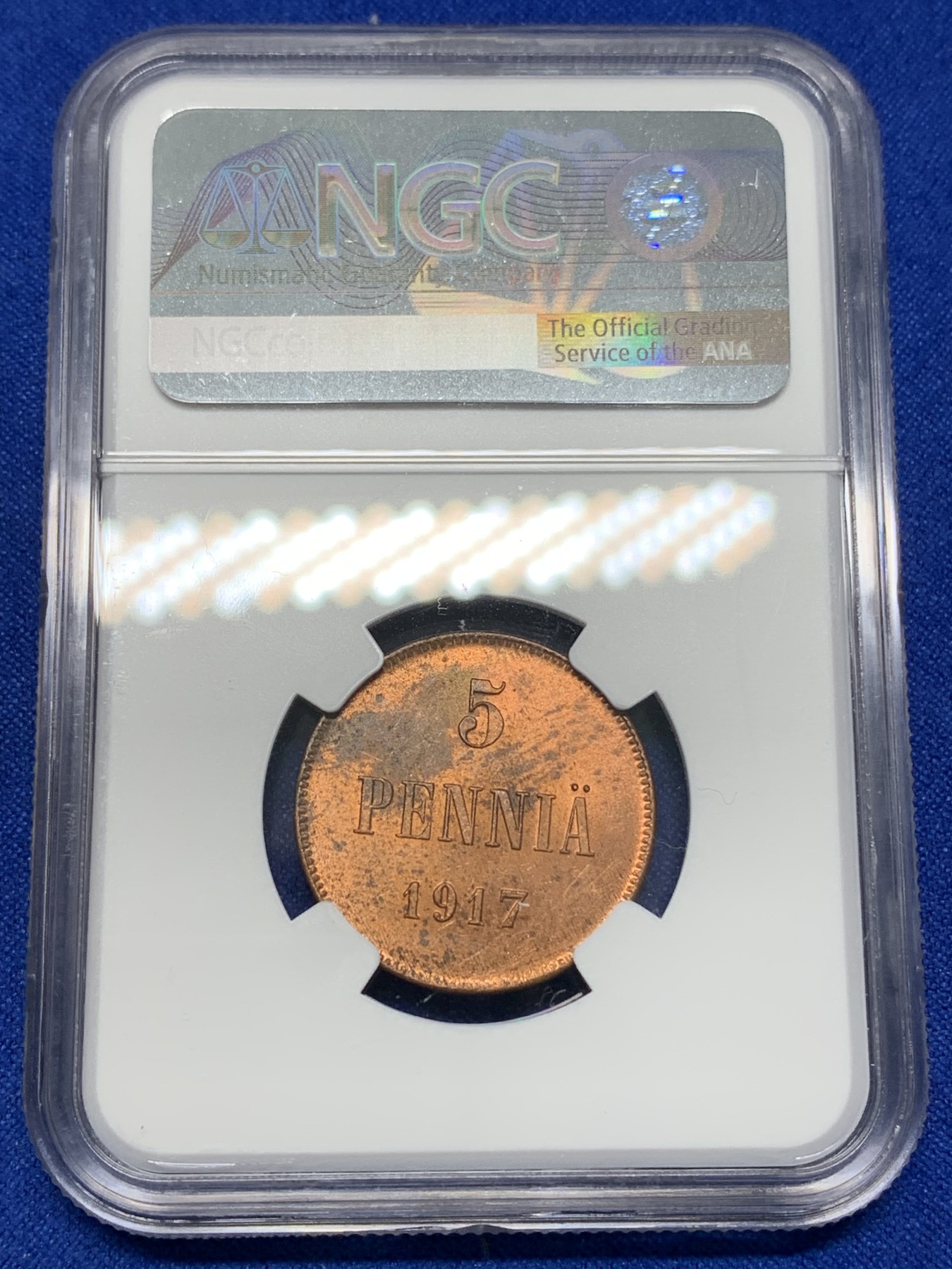 《竞宝斋》第196场-周日，周一 2场 (全场包邮) NGC MS62RB 俄占芬兰1917年克伦斯基临时政府5盆尼铜币