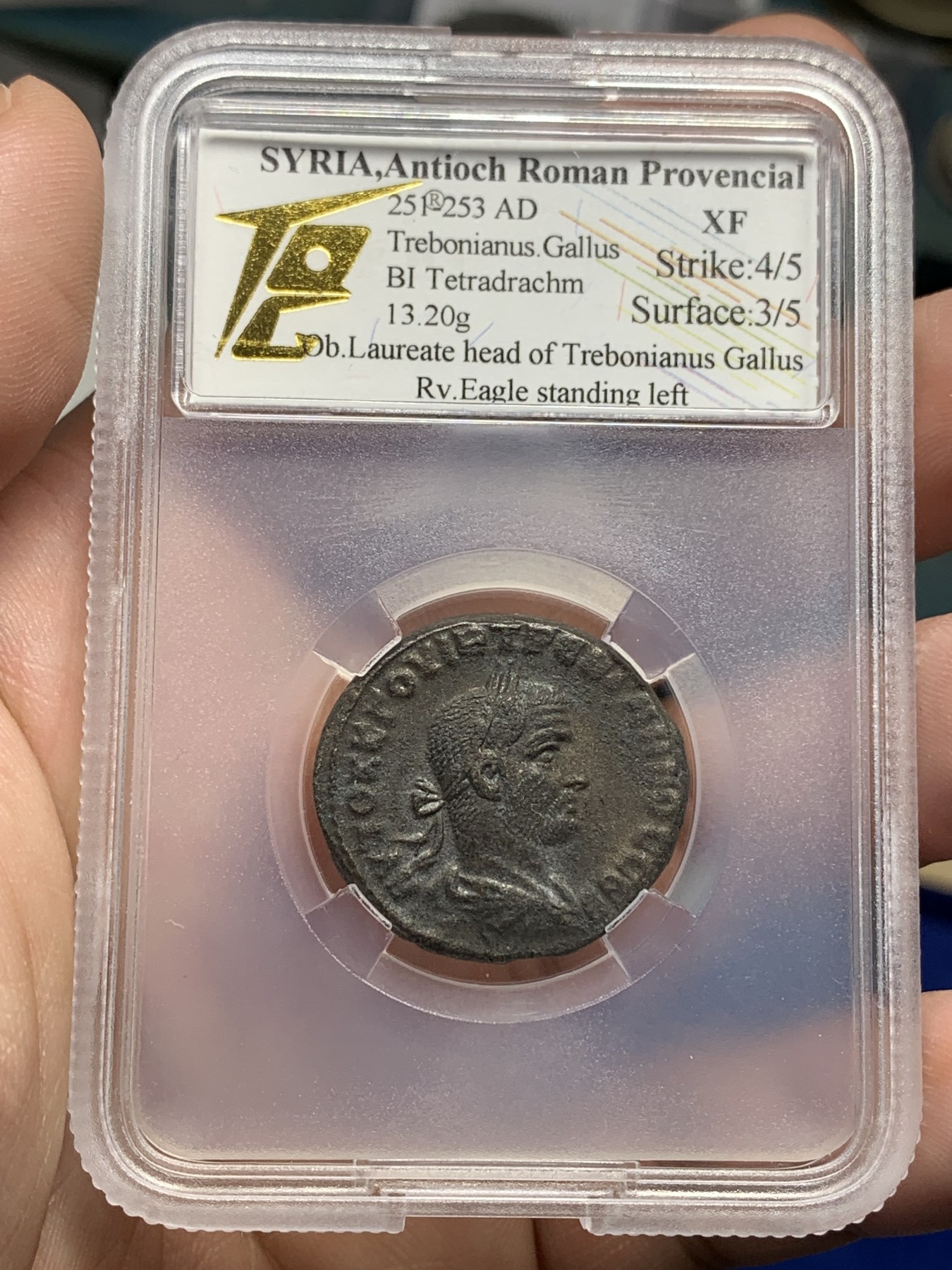 《竞宝斋》第196场-周日，周一 2场 (全场包邮) TQG评级 XF4/3 公元前251-前253年 古罗马帝国皇帝伽卢斯4德拉克马银币 13.2克 细节好