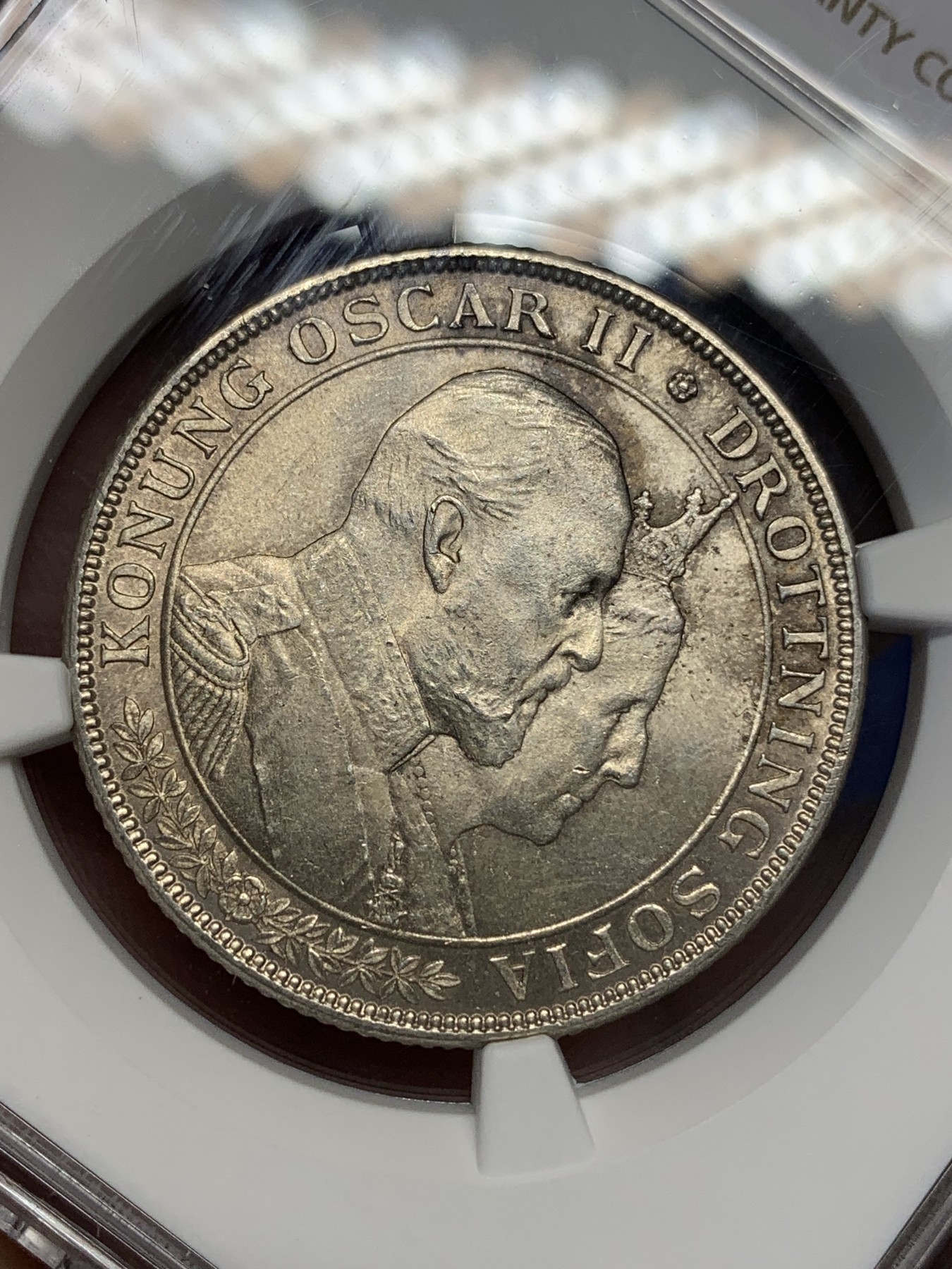 《竞宝斋》第196场-周日，周一 2场 (全场包邮) NGC-MS63 瑞典 1907年 国王金婚 2克朗 银币