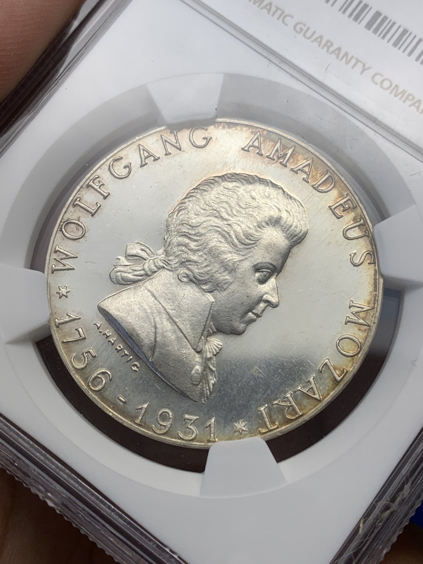 《竞宝斋》第196场-周日，周一 2场 (全场包邮) NGC MS63 奥地利1931莫扎特镜面底板银章