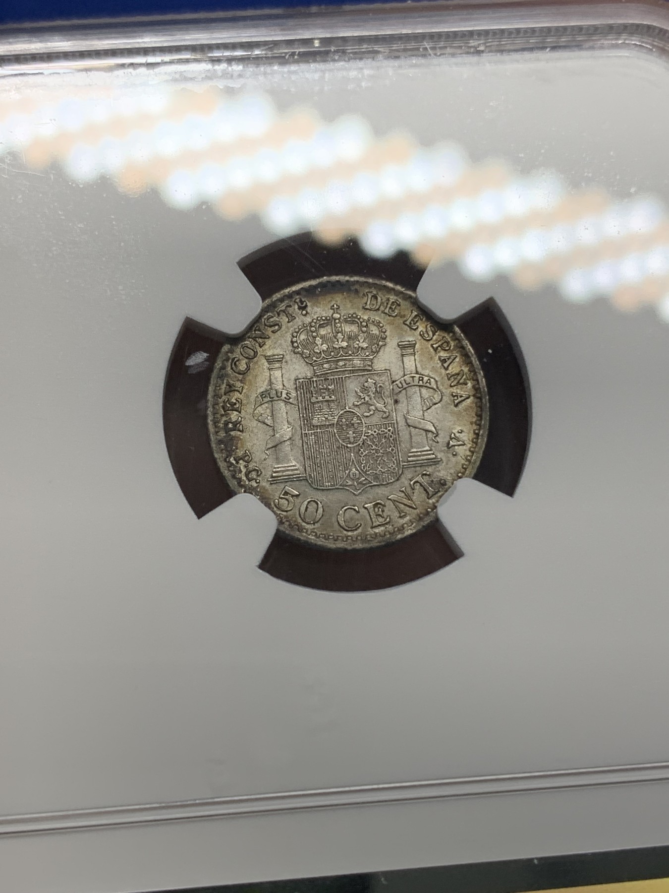 《竞宝斋》第196场-周日，周一 2场 (全场包邮) NGC-AU50 西班牙1910年 阿方索十三世戎装版 50分小双柱银币 较少版式