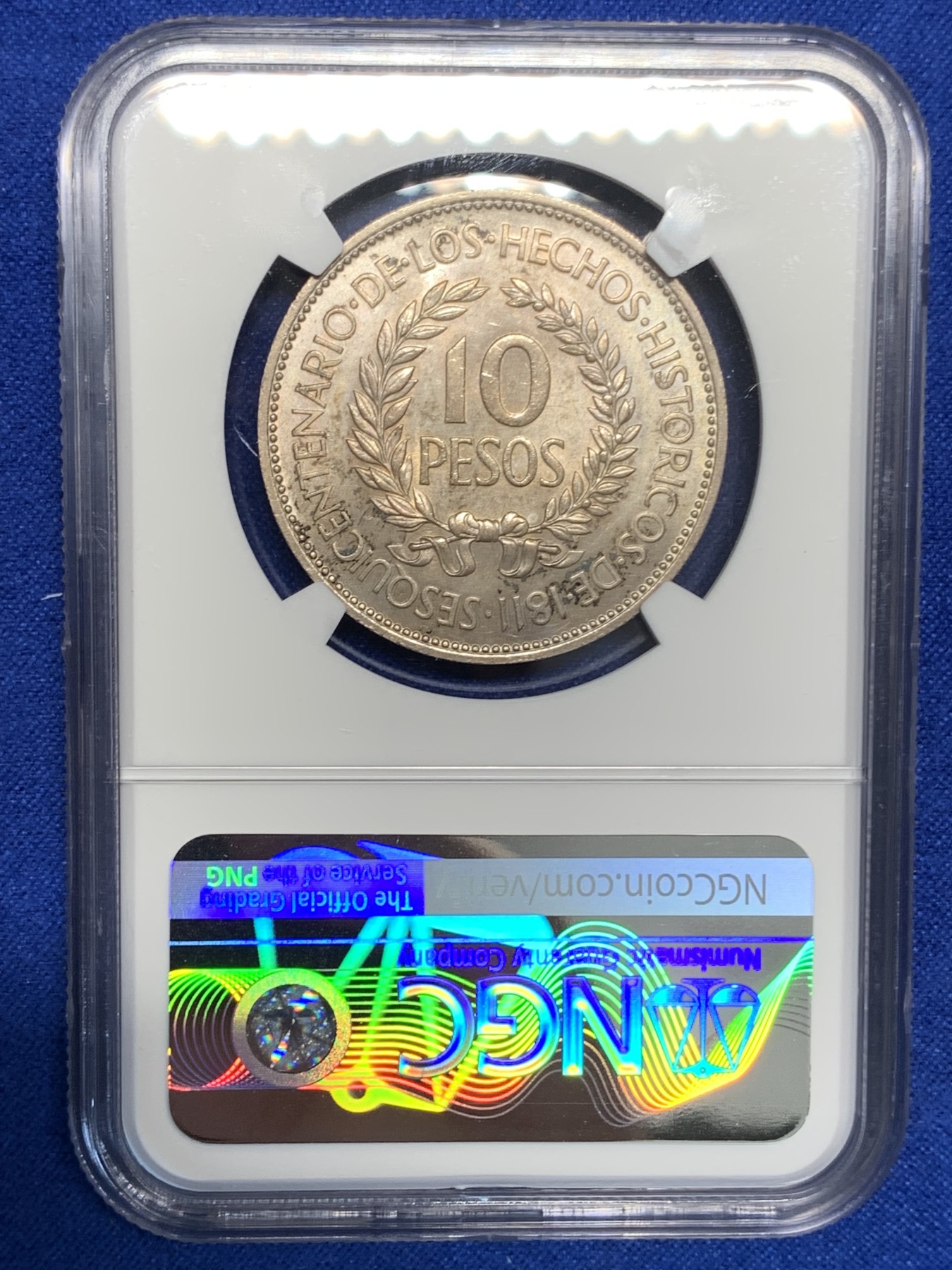 《竞宝斋》第196场-周日，周一 2场 (全场包邮) NGC MS64 乌拉圭1961年10比索银币 状态极好