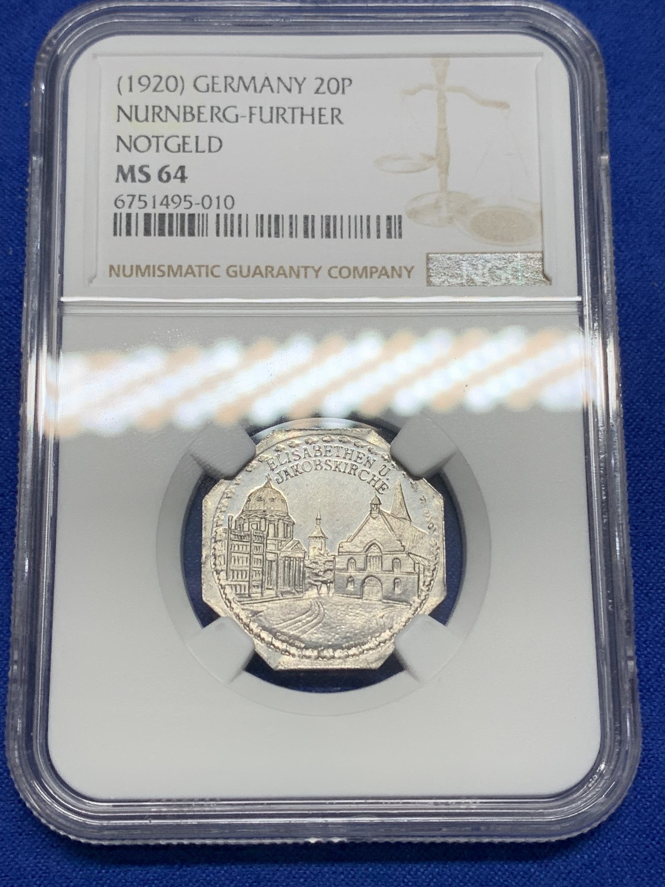 《竞宝斋》第196场-周日，周一 2场 (全场包邮) NGC-MS64 1920年德国紧急状态时期纽伦堡20芬尼 景观代币