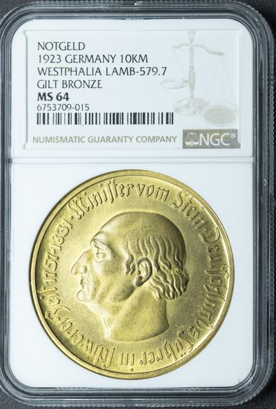  火彩社 世界硬币、纸币专场、NGC & PMG评级币等 - NGC MS64 魏玛德国 威斯特伐利亚 1923年 10000马克镀金紧急货币（马币名誉品）